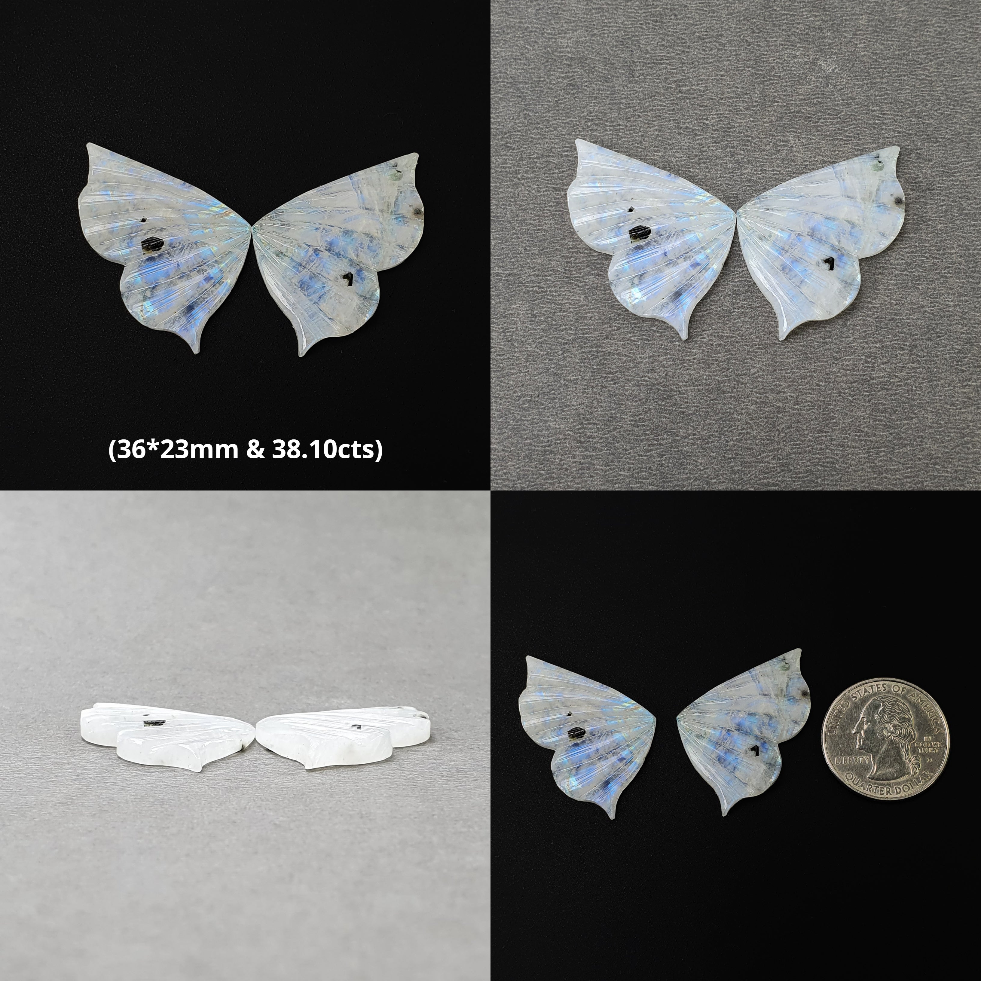 Natural Green Chrysoprase & Rainbow Moonstone Hand-Carved Butterfly Gemstone Pair - Unheated Untreated Healing Crystals for Meditation, Jewelry Making & Spiritual Gifts