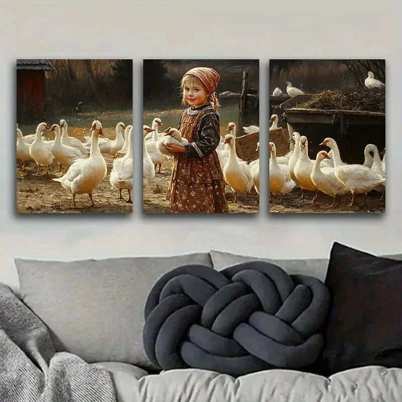 3-Piece Farm Girl Feeding Animals Metal Wall Art - Ready to Hang, Rustic Countryside Decor for Living Room, Nursery, or Farmhouse Style Home