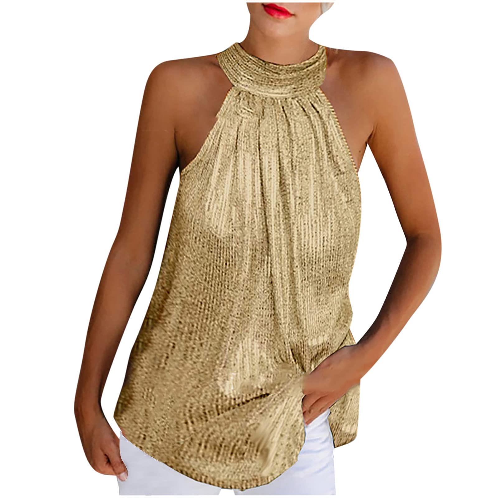 Women's Summer Sequin Sleeveless Halter Top - Casual Tank Shirt & Vest for Women | Perfect for Beach Parties, Vacations & Night Out