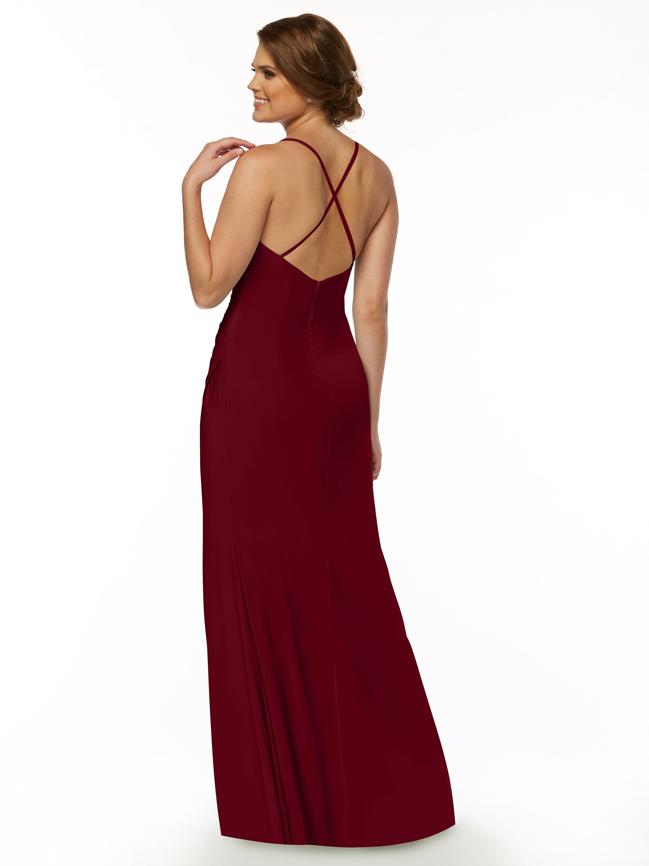 Elegant 80114 Stretch Chiffon Sheath Bridesmaid Dress with Ruching and High Slit - Perfect for Weddings, Formal Events & Evening Parties