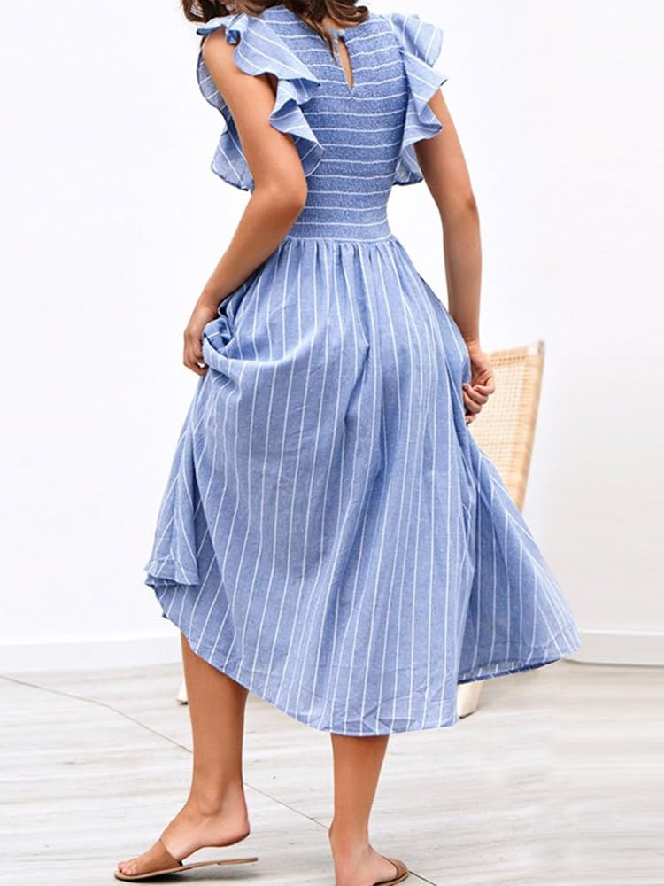 Miessial Women's Casual Summer Midi Dress - Short Sleeve Smocked Linen Boho Dress with Pockets | Beach Wedding Guest Outfit, Vacation Wear & Everyday Summer Style 2025