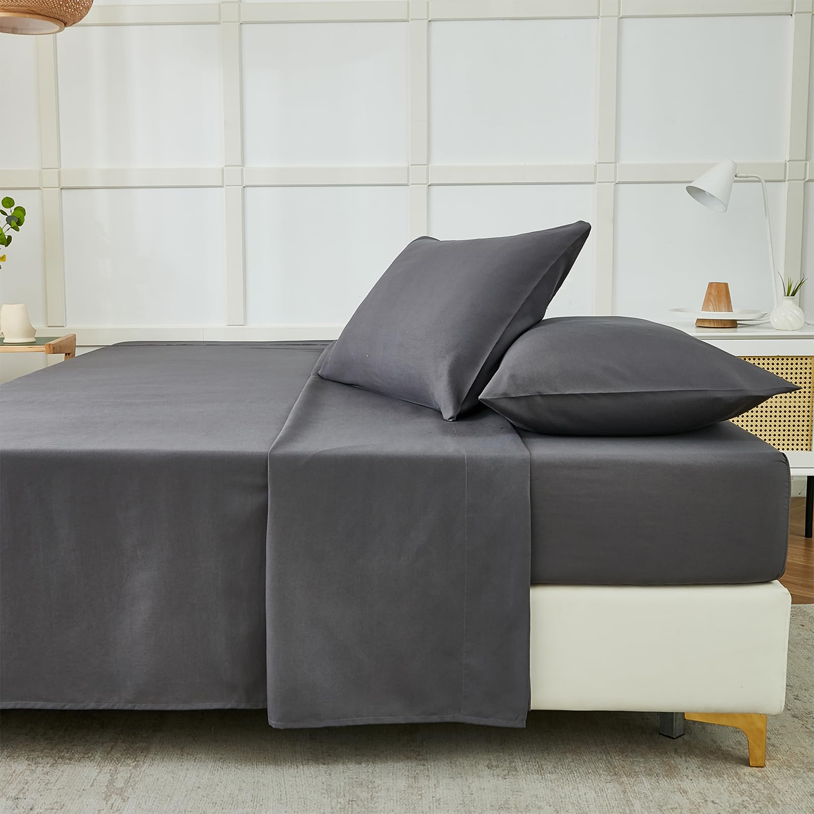 ILAVANDE 4-Piece King Size Sheet Set - 1800 Series Microfiber Bed Sheets in Grey | Ultra Soft, Wrinkle-Free & Breathable | 14