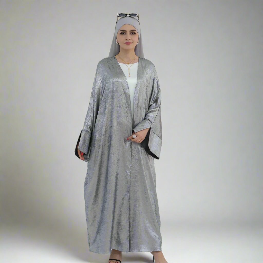 Celine Shimmer Kimono Open Abaya - Elegant Silver Muslim Abaya Dress for Women | Perfect for Prayer, Special Occasions & Evening Wear