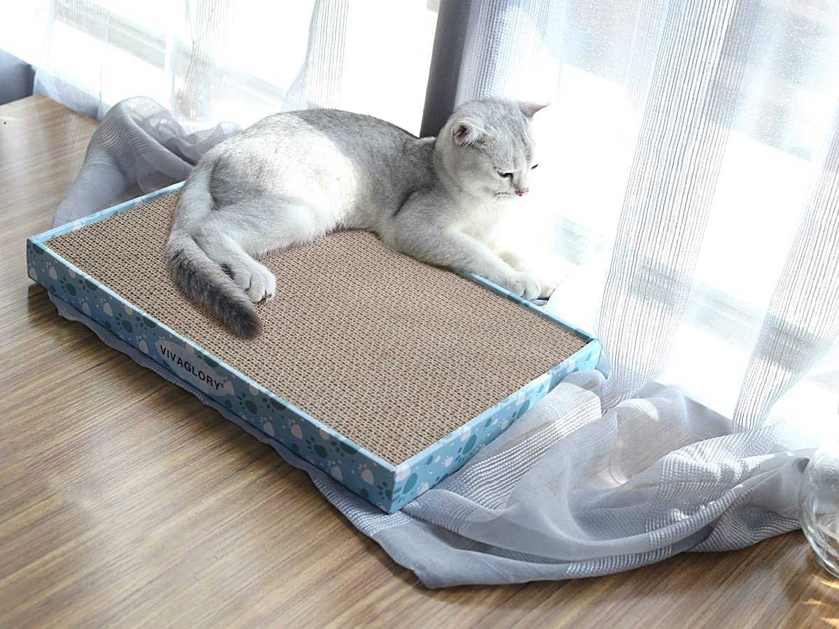 VIVAGLORY Extra Wide Reversible Cat Scratcher with Box - Cardboard Scratching Pad for Indoor Cats & Kitties - Includes Catnip (1 Pack) - Perfect for Living Room, Bedroom & Home Office