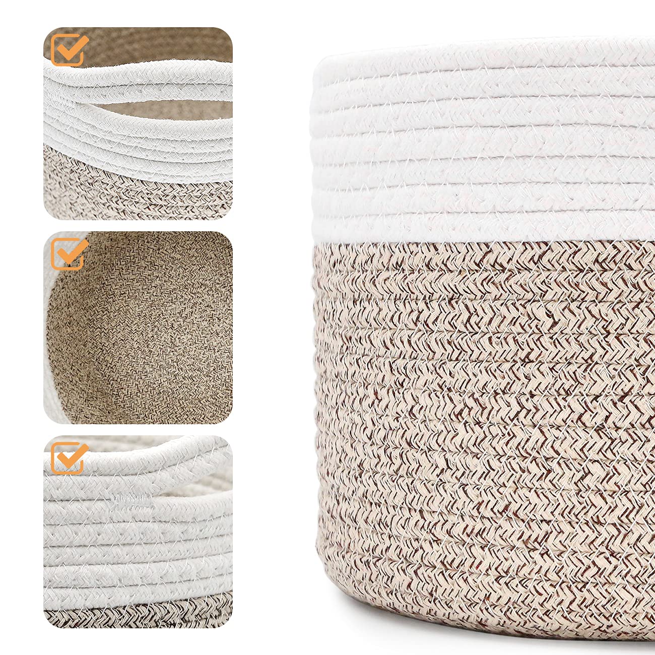 Round Woven Rope Basket with Handle - 9.5x9.5x7.1 Inch Cotton Storage Basket for Nursery, Shelf & Home Decor - Brown Beige Mixed Design - 8.2L Capacity - Perfect for Baby Room Organization, Bathroom Towels & Living Room Storage