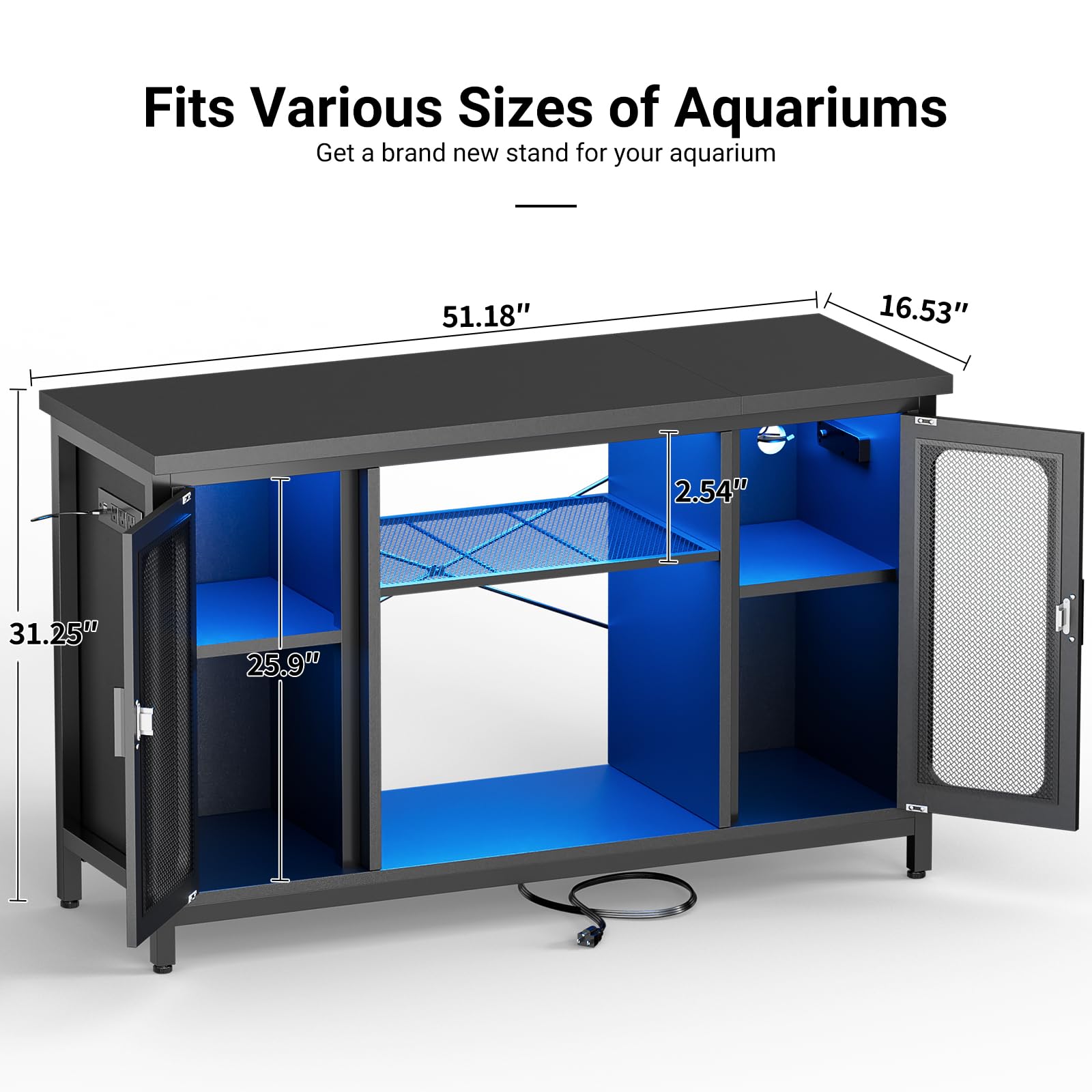 Unikito 55-75 Gallon Reptile Tank Stand with Power Outlets & LED Light - Metal Aquarium Stand for Terrariums, Fish Tanks, Turtle Habitats - Reversible Cabinet Design in Black | Perfect for Reptile Enclosures, Home Decor & Pet Habitat Setup