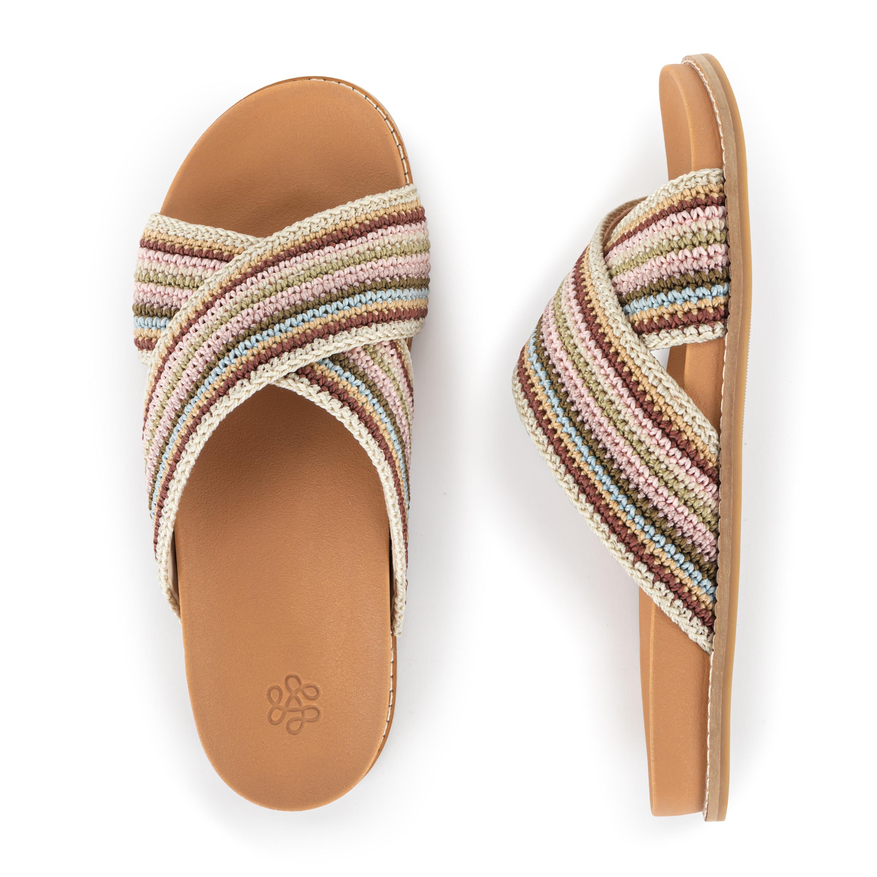 Hand Crochet Penelope Sandal - Pink Multi Stripe Women's Bohemian Beach Sandals for Summer Vacation & Casual Outings