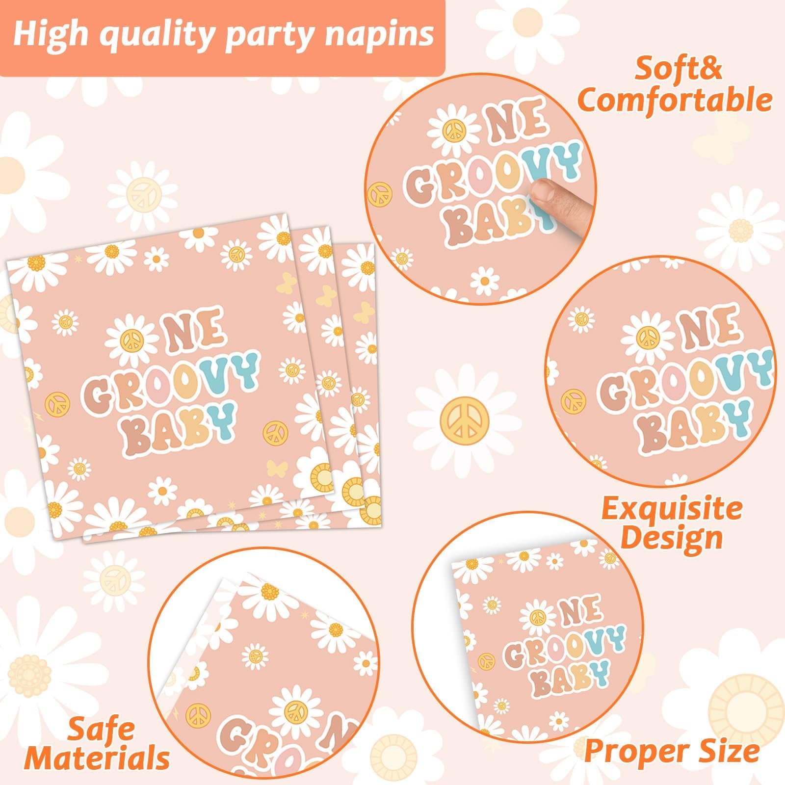 96PCS Groovy Birthday Party Decorations Set - Daisy Flower Hippie Themed Paper Plates & Napkins for Girls, 1st Birthday, Baby Shower, Boho Tableware Supplies | Perfect for Retro Themed Parties, Newborn Celebrations & Hippie-Inspired Events
