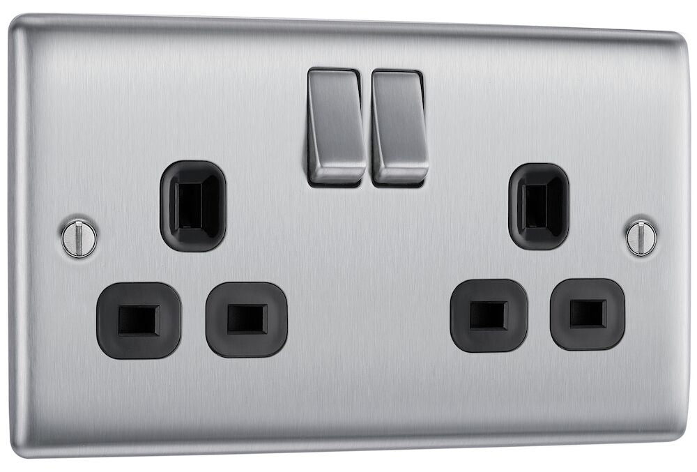 BG Nexus 13A Double Socket NBS22B - Brushed Steel Electrical Outlet for Home & Office | Wall Socket with Metal Finish for Living Room, Bedroom, and Workspace