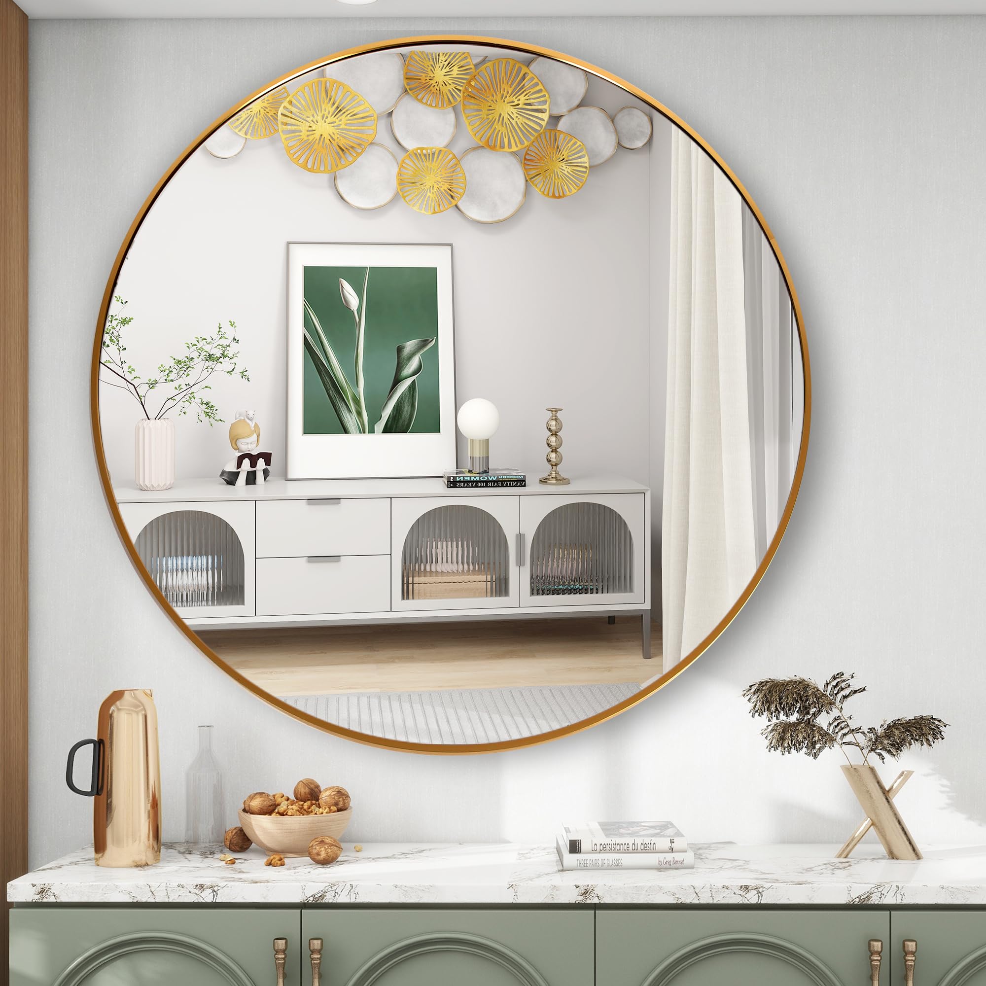 FANYUSHOW 19.6 Inch Gold Round Wall Mirror with Metal Frame - Vintage Style Decorative Circle Mirror for Living Room, Bathroom, Entryway & Vanity | Perfect for Home Decor, Makeup Area and Wall Accents