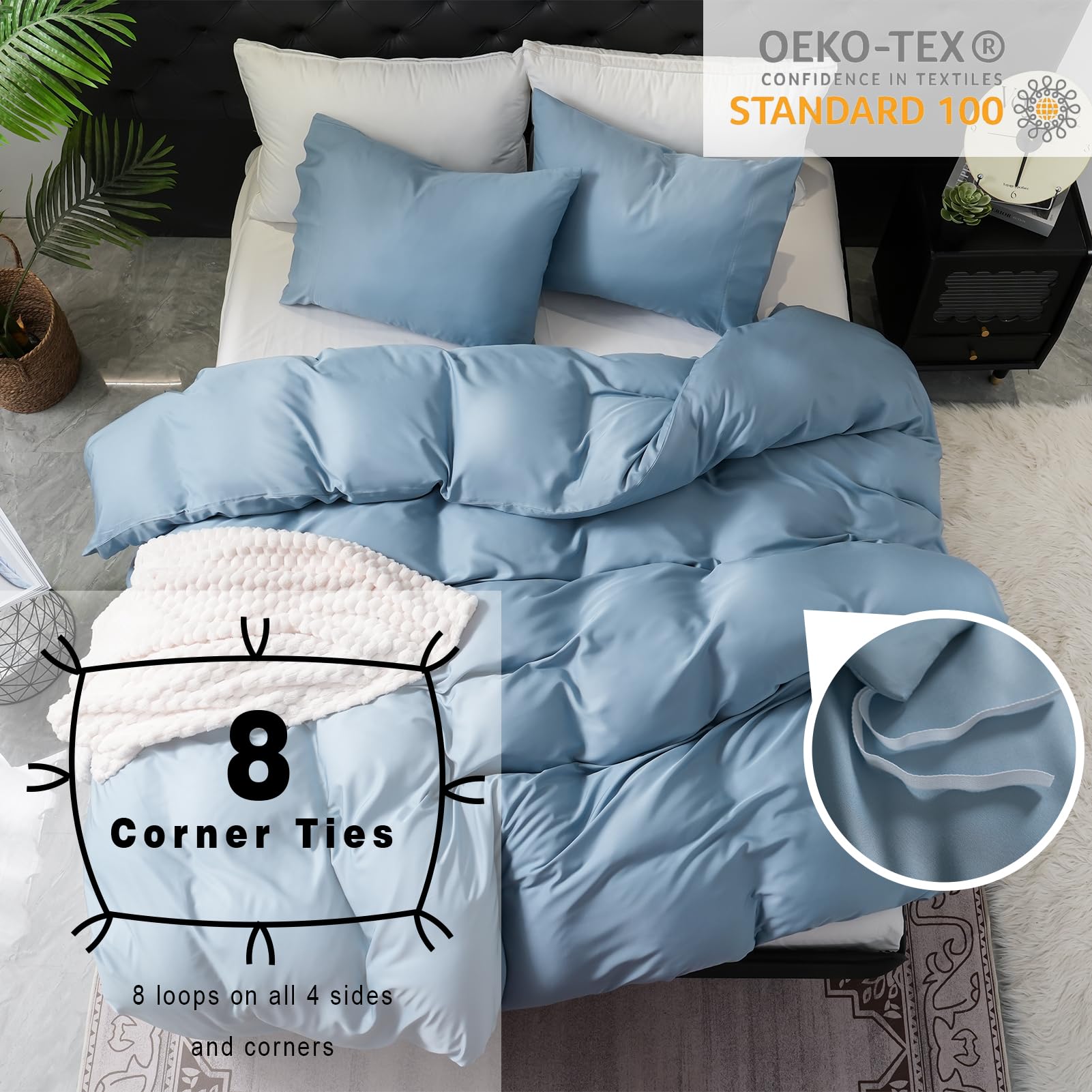 100% Cooling Bamboo Rayon Duvet Cover Queen Size - Moisture Wicking, Breathable & Soft Comforter Cover with Zipper Closure & Corner Ties for Hot Sleepers - Perfect for Summer Nights & Warm Climates (Queen, Blue)