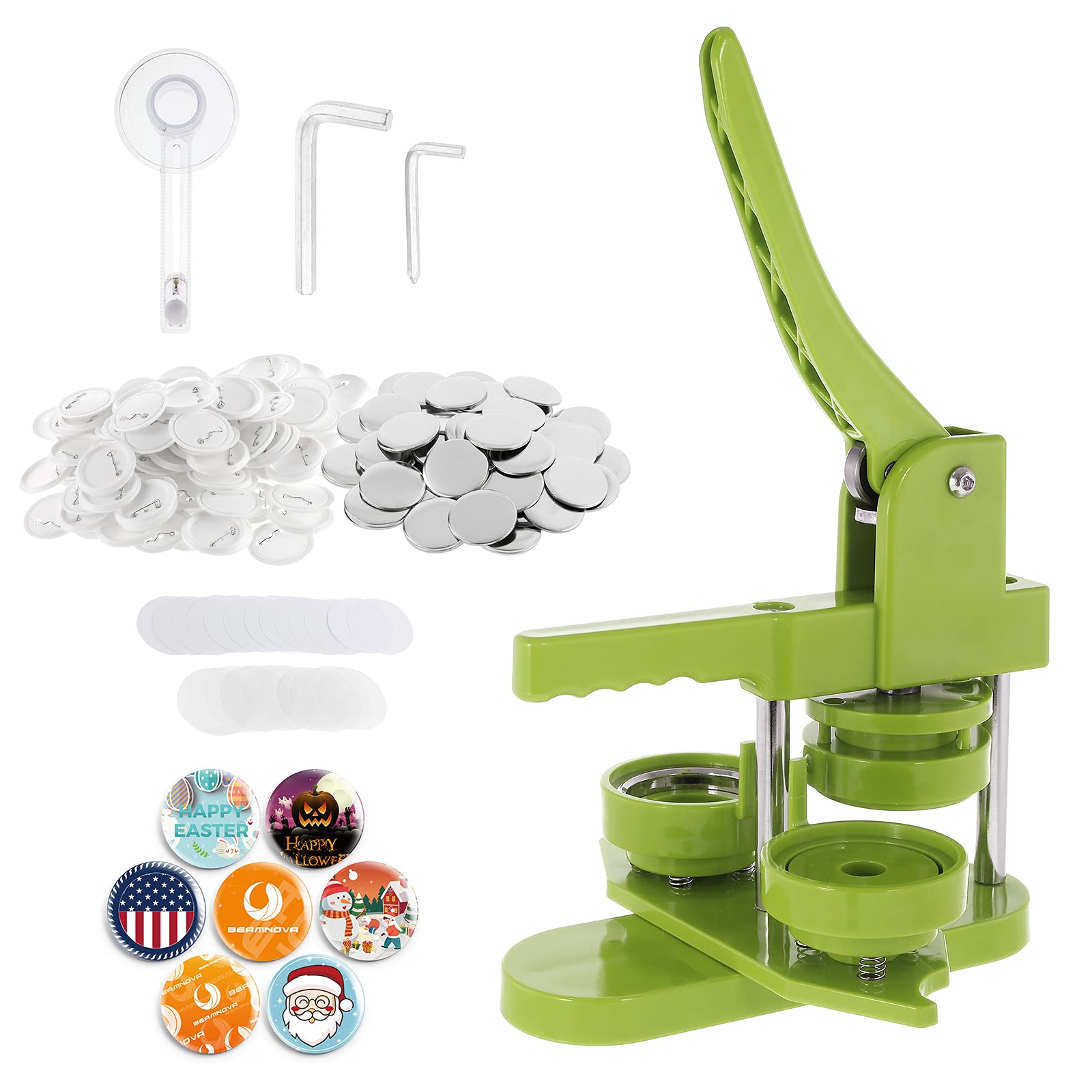 BEAMNOVA 58mm Round Button Maker Machine Kit with 200 Button Parts - Rotary Style DIY Pin Badge Maker for Crafts, Events & Promotions (2.28 Inch, Green) - Perfect for School Projects, Fundraisers & Custom Pins