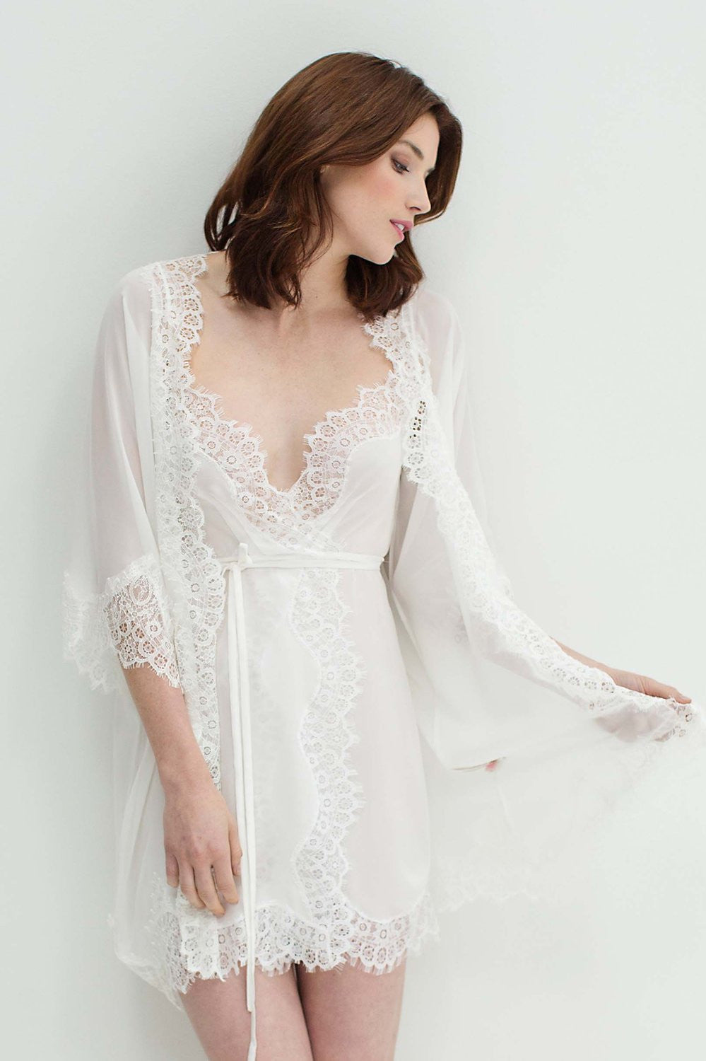 Ivory Lace Silk Chiffon Kimono Robe - Elegant Lingerie Cover Up for Bridal, Boudoir & Special Occasions
