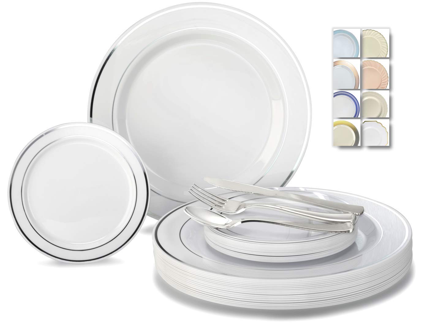 300-Piece Disposable Wedding Plate & Silverware Set - 60 Guest Plastic Dinnerware Combo with White & Silver Rim Plates & Silver Cutlery - Perfect for Weddings, Parties, Catering & Events