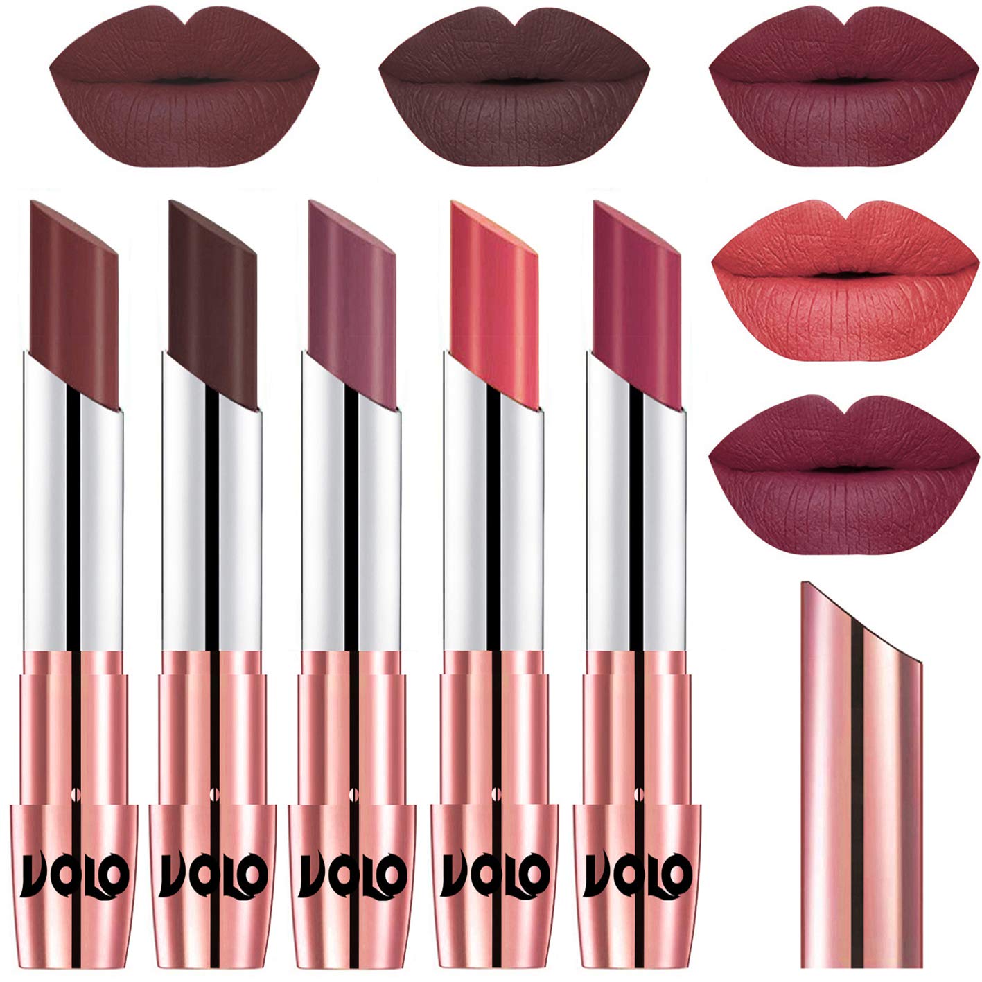 VOLO Lipstick Set - Creamy Matte Finish in Coffee, Chocolate, Plum, Dark Peach & Rose Pink Shades | Long Lasting Moisturizing Lip Color for Everyday Wear, Date Night & Special Occasions