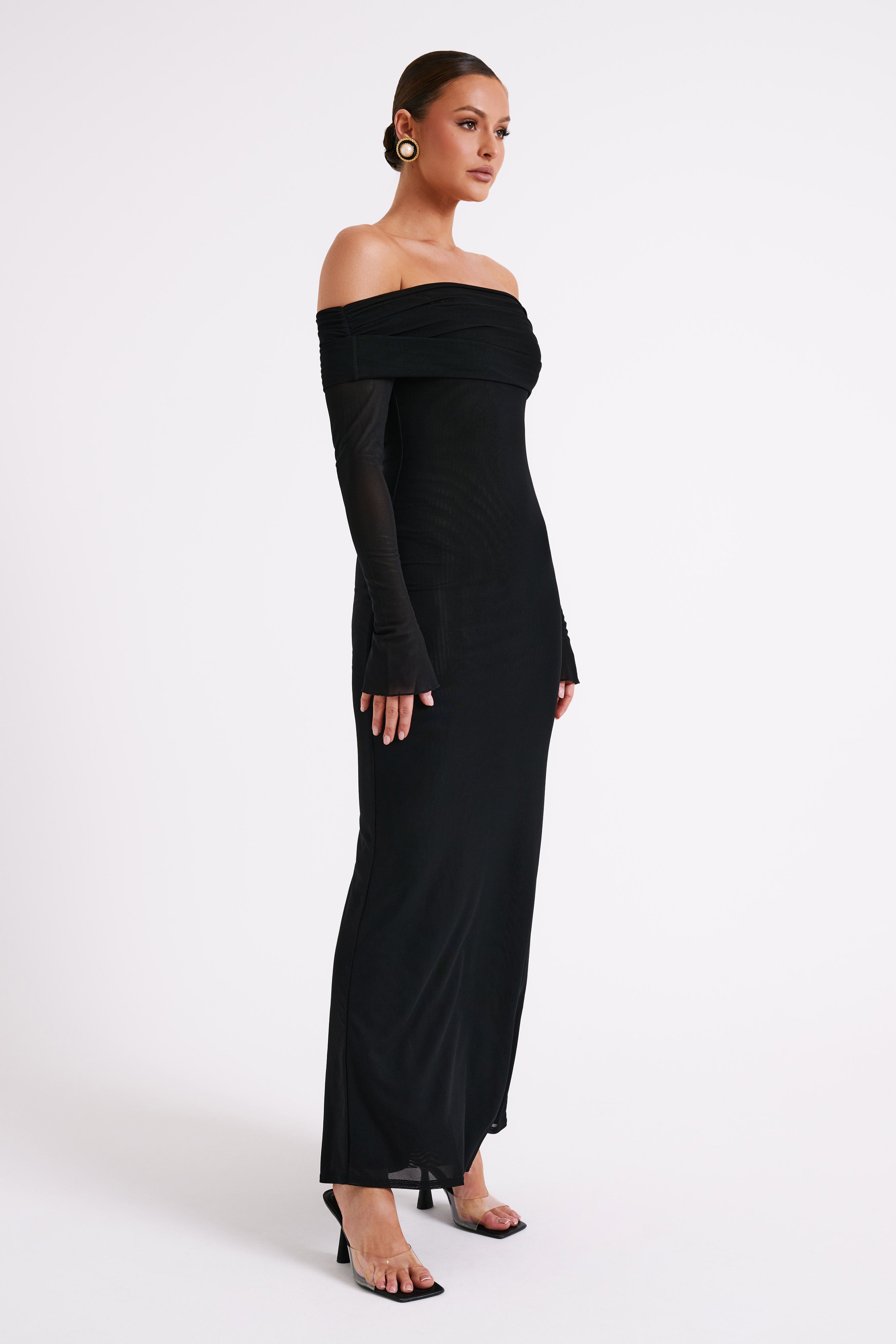 Josie Off Shoulder Mesh Maxi Dress for Women - Elegant Black Long Evening Gown for Parties, Weddings & Special Occasions