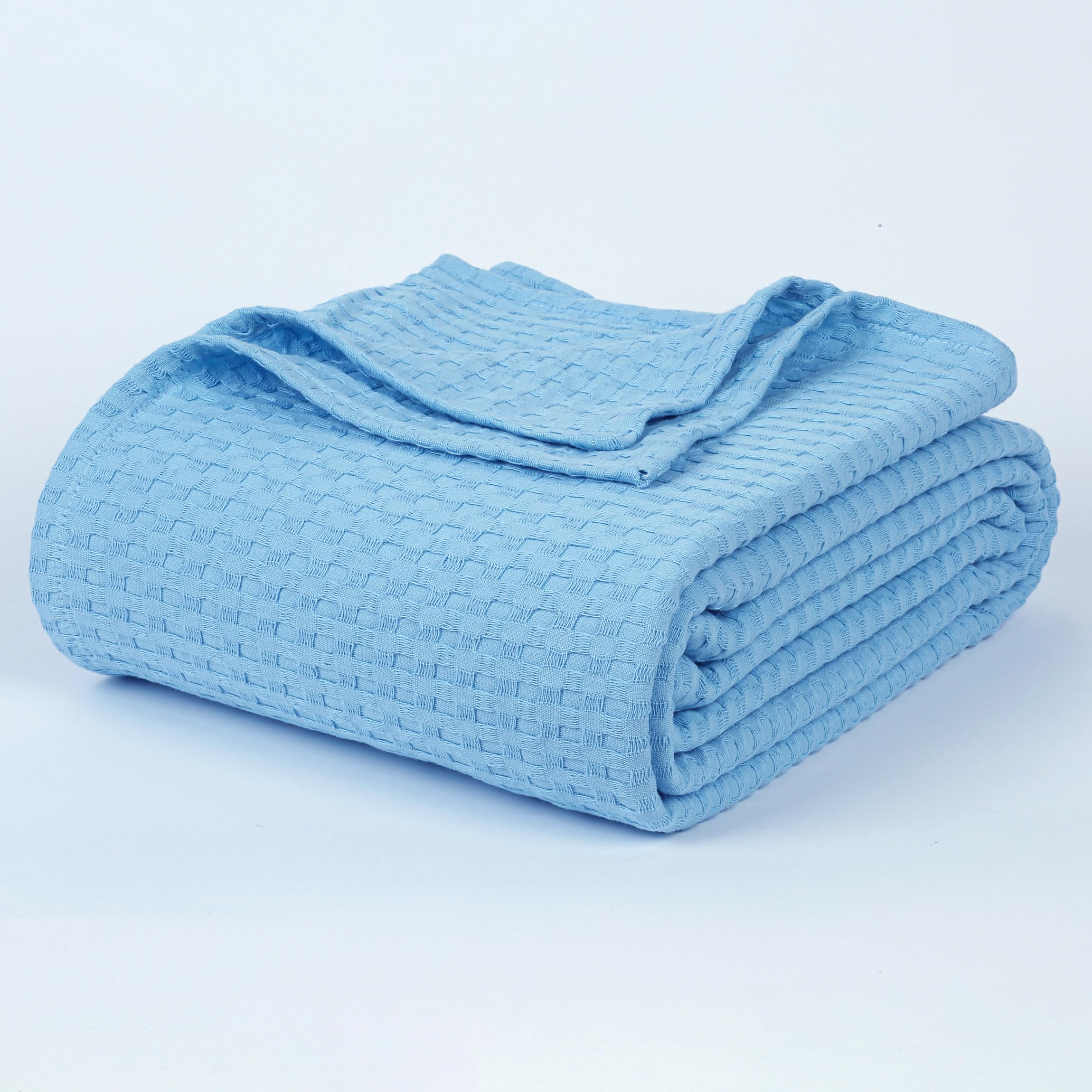 Tex Trend 100% Cotton Waffle Weave Queen Size Blanket - Lightweight, Breathable & Soft Bedding - Blue 90x90 Inches - Perfect for All-Season Comfort, Guest Rooms & Cozy Nights