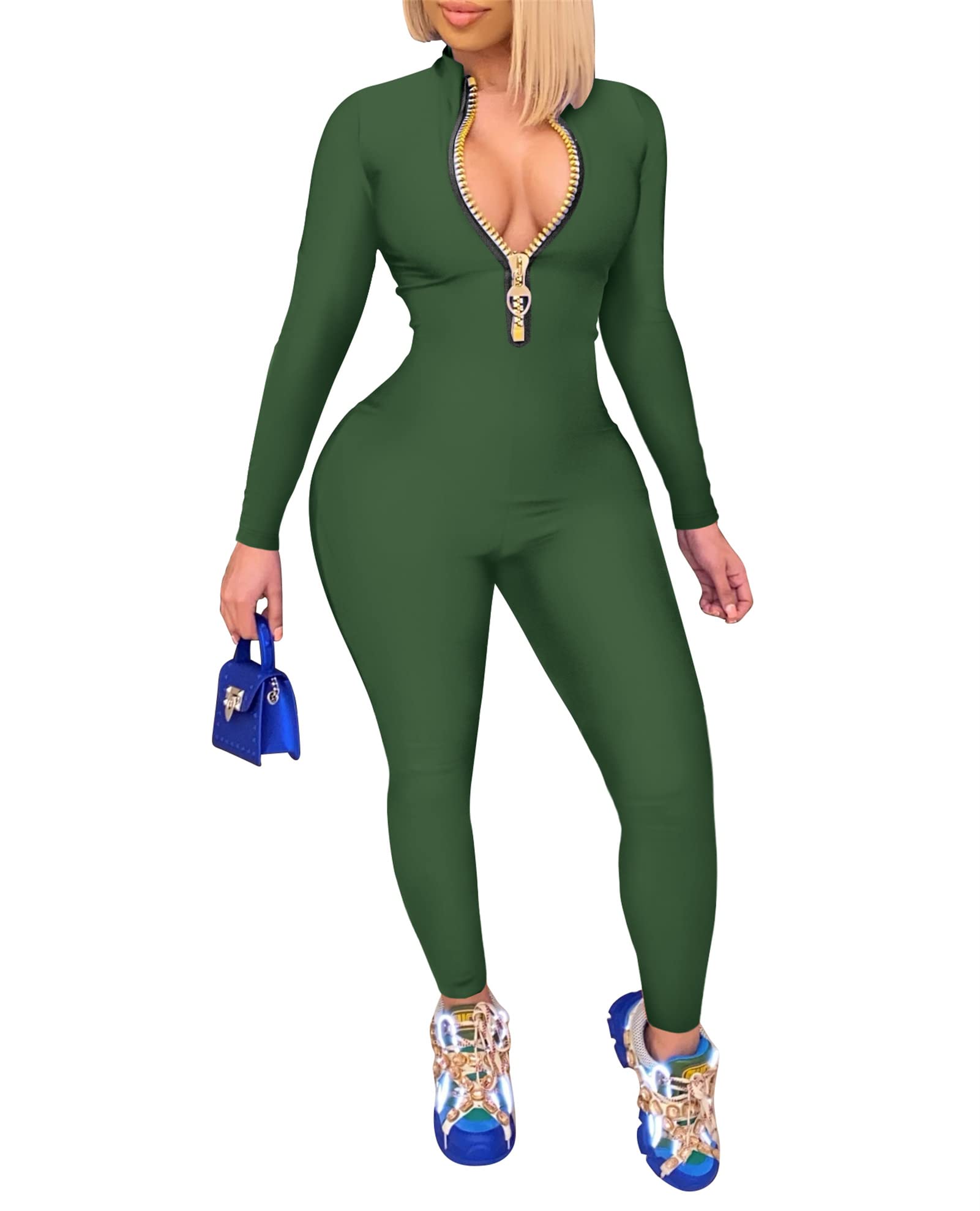 Sexy Women's Bodycon Jumpsuit - Long Sleeve V-Neck Zipper One Piece Outfit with Rich Hold | Perfect for Night Out, Party, Date Night & Casual Wear