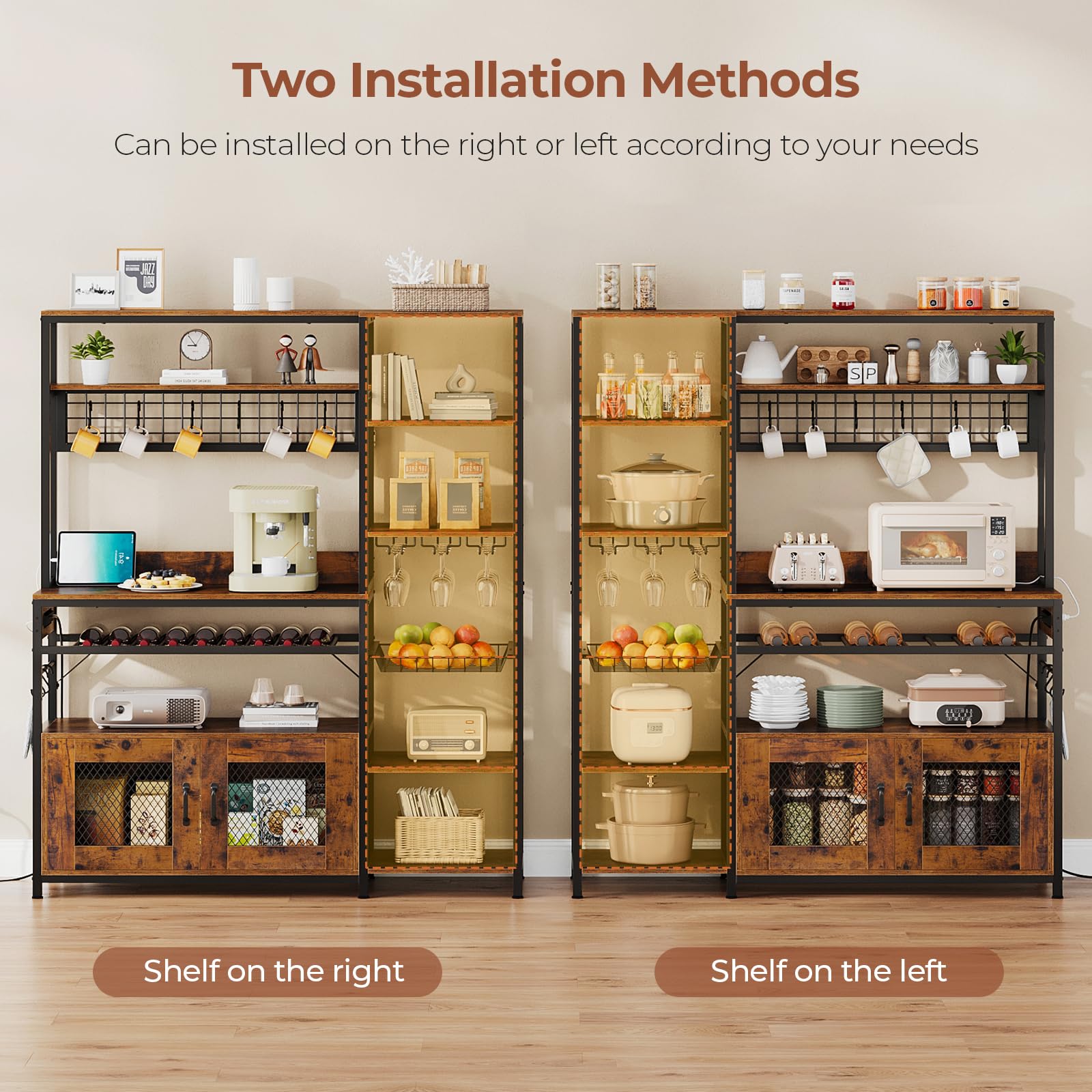 Rustic Brown Bakers Rack with Power Outlet - 47.2 Inch Microwave Stand with Storage Shelves, Coffee Bar Cabinet, Kitchen Pantry Hutch - Includes Side Hooks, Wine Rack & Goblet Holder - Perfect for Kitchen Organization, Coffee Station or Dining Room Storage (Medium Size)