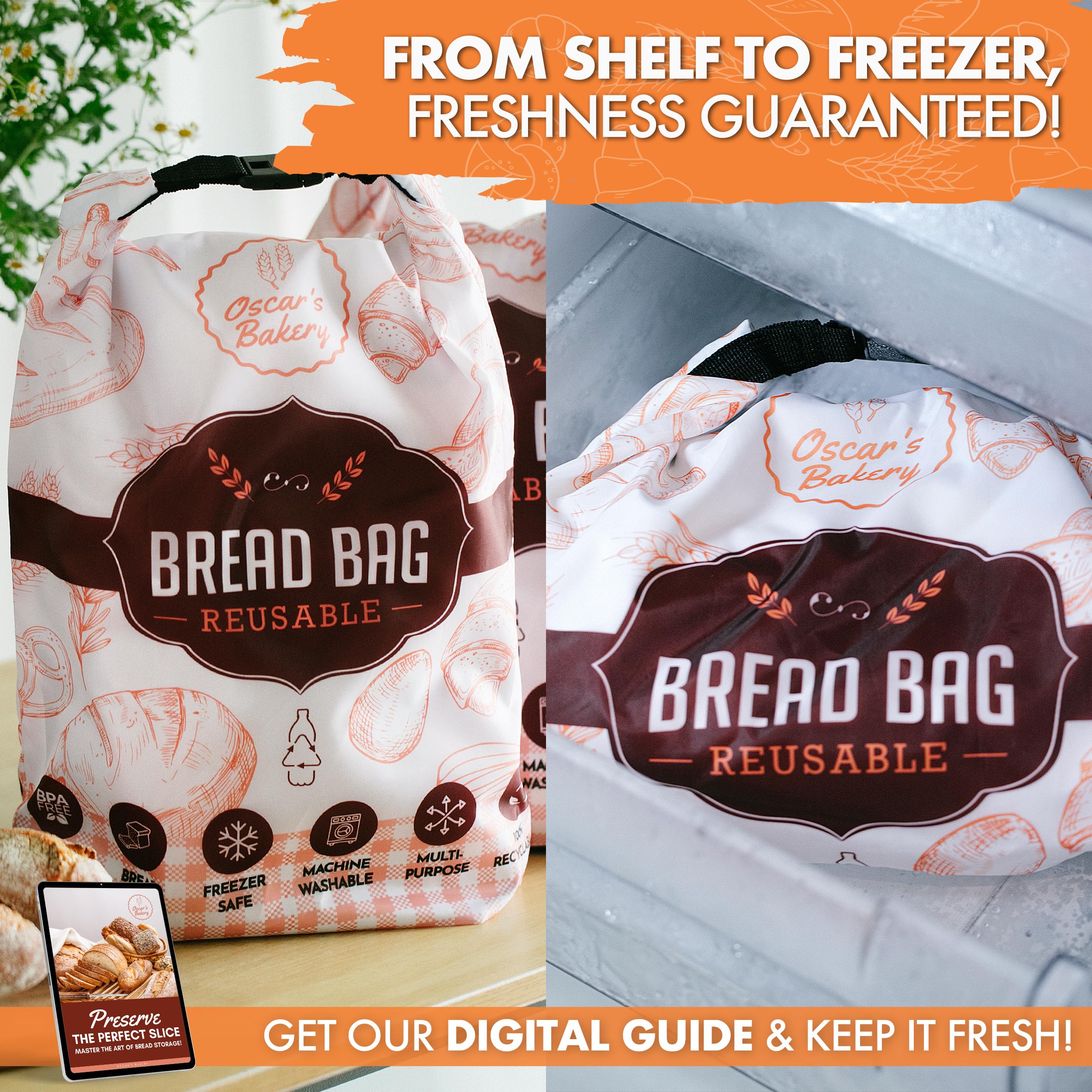 Reusable Sourdough Bread Bags for Homemade Bread Storage - BPA-Free, Freezer Safe Bread Bags with Beeswax Wrap - 2 Pack Retro Orange Bread Containers by Oscar's Bakery - Perfect for Fresh Bread, Sourdough, Baguettes & Artisan Loaves