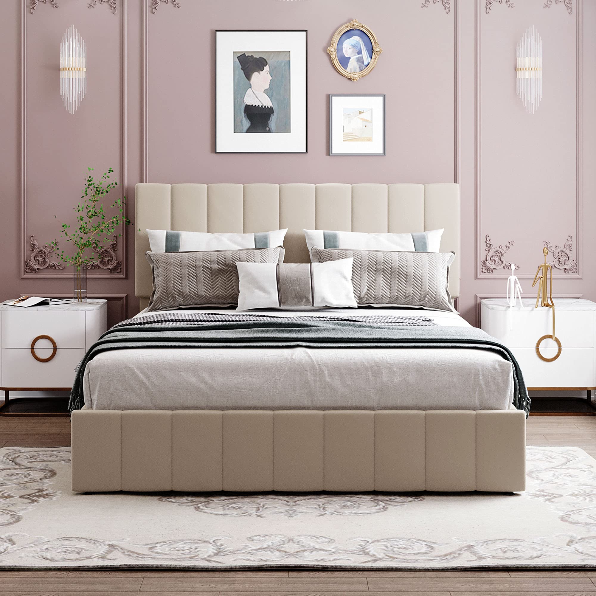 Queen Size Upholstered Platform Bed Frame with Hydraulic Storage & Linen Fabric Headboard - Wood Slat Support, No Box Spring Needed - Beige (Perfect for Small Bedrooms, Guest Rooms & Modern Apartments)