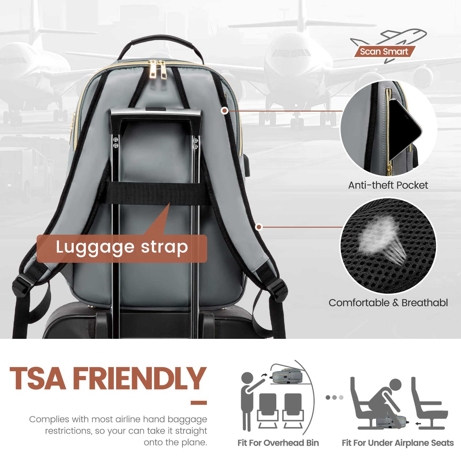 LOVEVOOK 17.3 Inch Women's Laptop Backpack - Waterproof USB Charging Travel Backpack for Work, Business, College & Teacher Use | Stylish Grey Computer Bag for Daily Commute & Airplane Carry-On