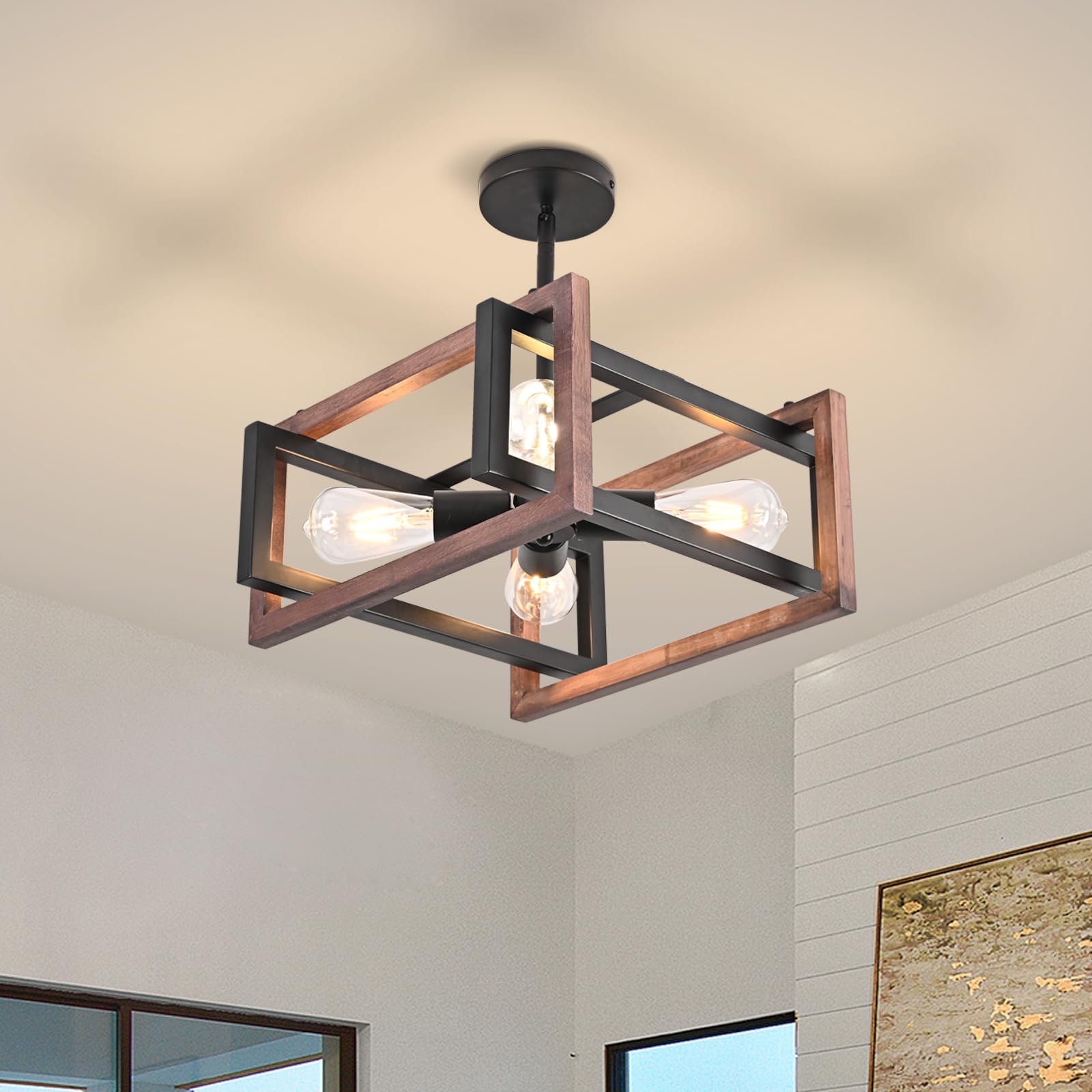 HuisMier 4-Light Farmhouse Ceiling Light Fixture - Rustic Wood & Metal Semi-Flush Mount Chandelier in Black - Industrial Style Lighting for Dining Room, Kitchen, Bedroom, Living Room, Hallway & Entryway - Perfect for Farmhouse, Industrial & Rustic Home Decor