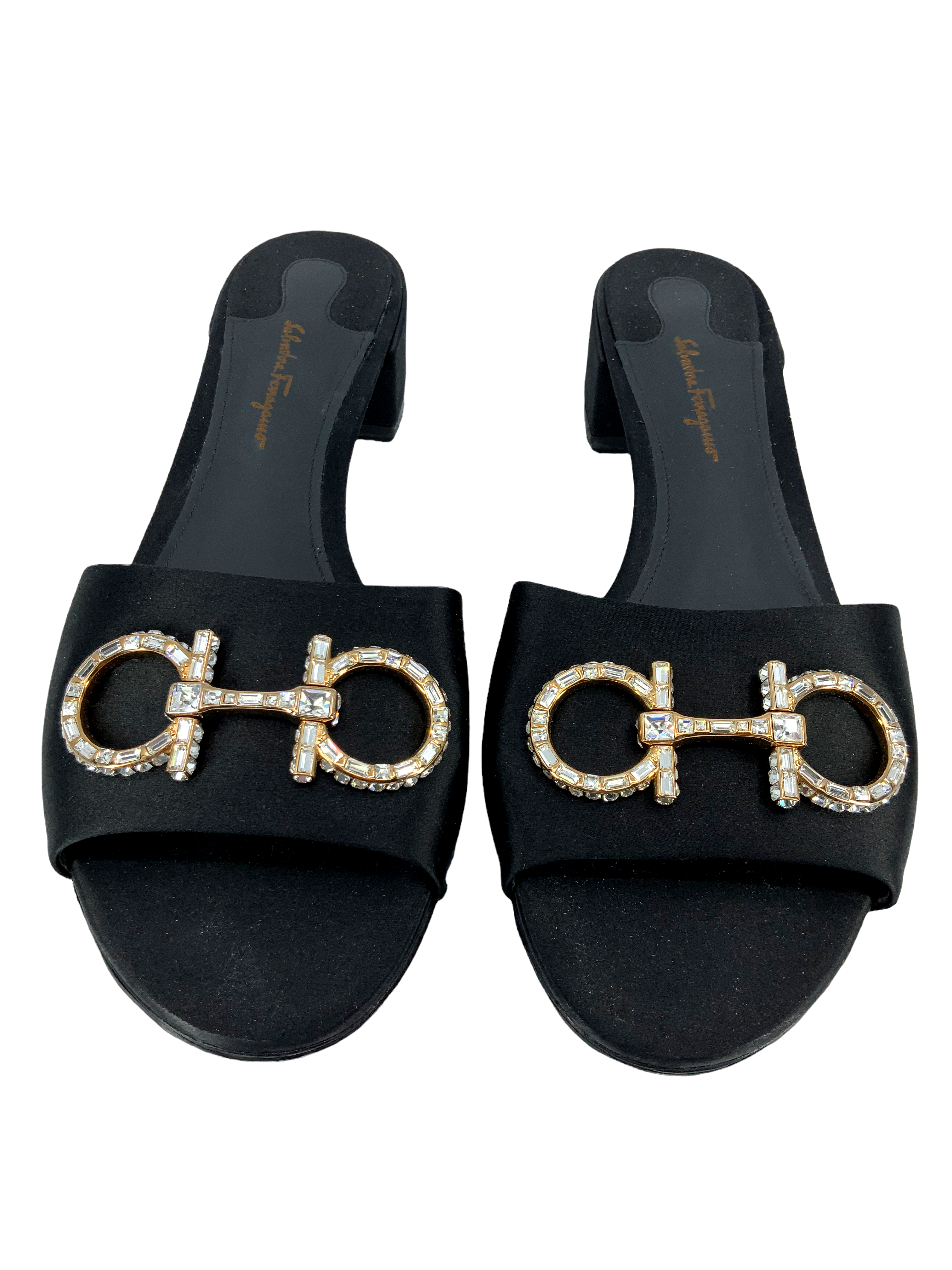 Salvatore Ferragamo Women's Size 10 Satin Slide Sandals with Swarovski Crystals | Luxury Designer Slides for Summer, Beach & Wedding Occasions