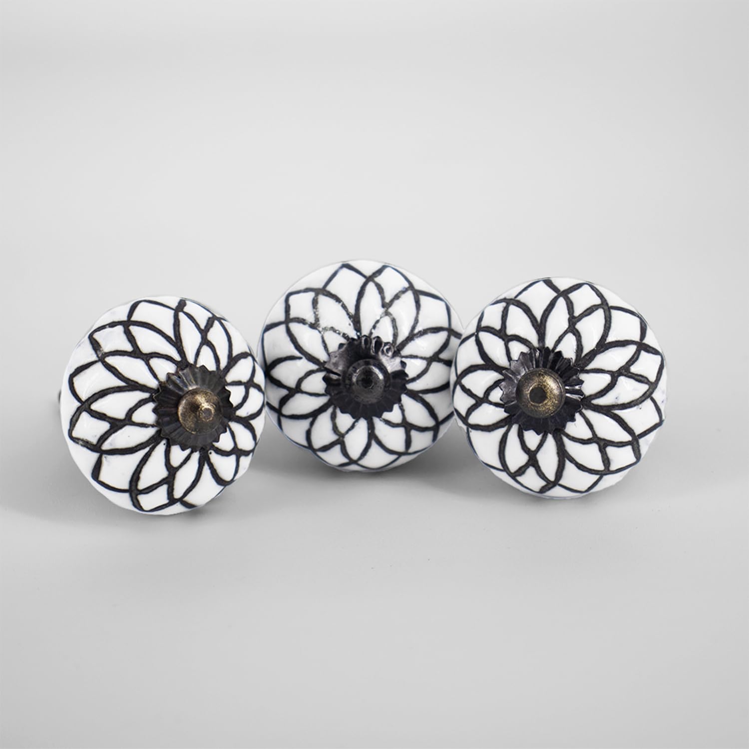 Vintage Ceramic Knobs Set of 6 - Black & White Drawer Pulls for Kitchen Cabinets, Bathroom Vanity & Dresser Hardware | Modern Farmhouse Style | Easy Installation for DIY Home Decor (Lotus Design)