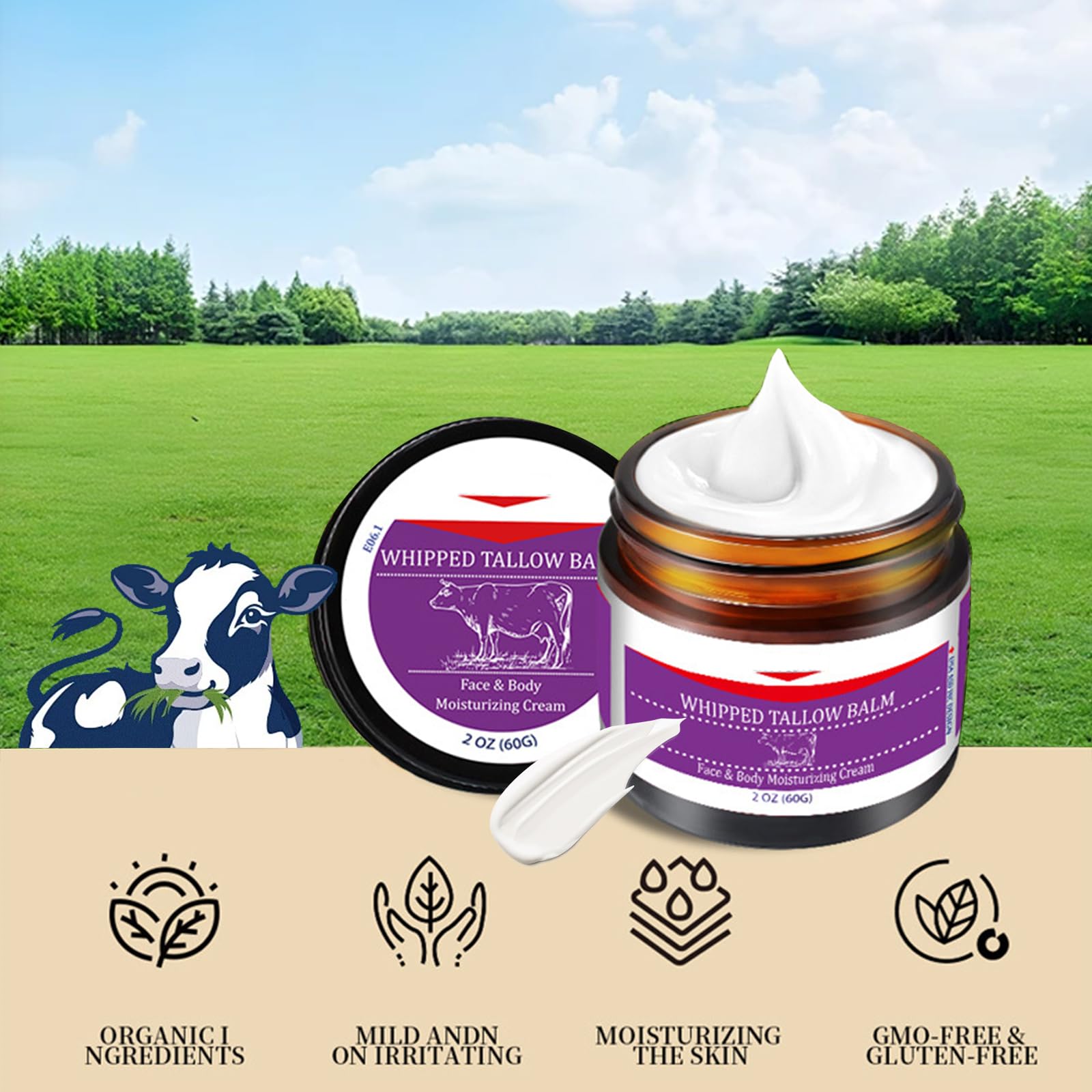 Organic Whipped Tallow Cream for Face & Body - 100% Grass-Fed Beef Tallow Moisturizer for Dry Skin - Handmade Skin Care Lotion 5.7oz - Perfect for Eczema, Psoriasis & Winter Hydration