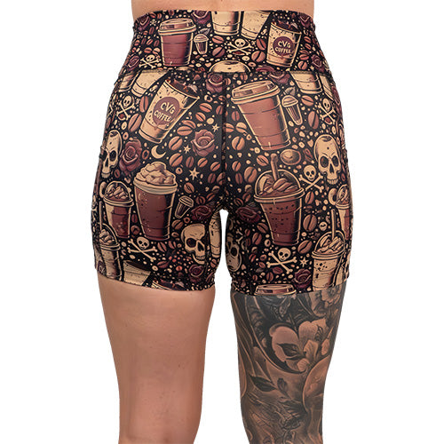 Women's High Waisted Workout Shorts - Caffeine Queen - Comfortable & Breathable for Running, Yoga & Gym
