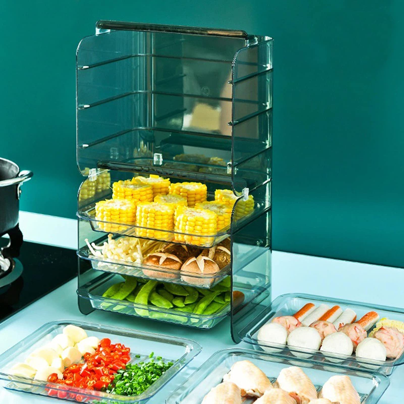 3-Layer Stackable Plastic Food Prep Tray - Non-Slip Kitchen Organization Plate for Vegetables, Fruits & Side Dishes - Space Saving Green Dish Rack for Meal Prepping, Buffet Serving & Party Catering