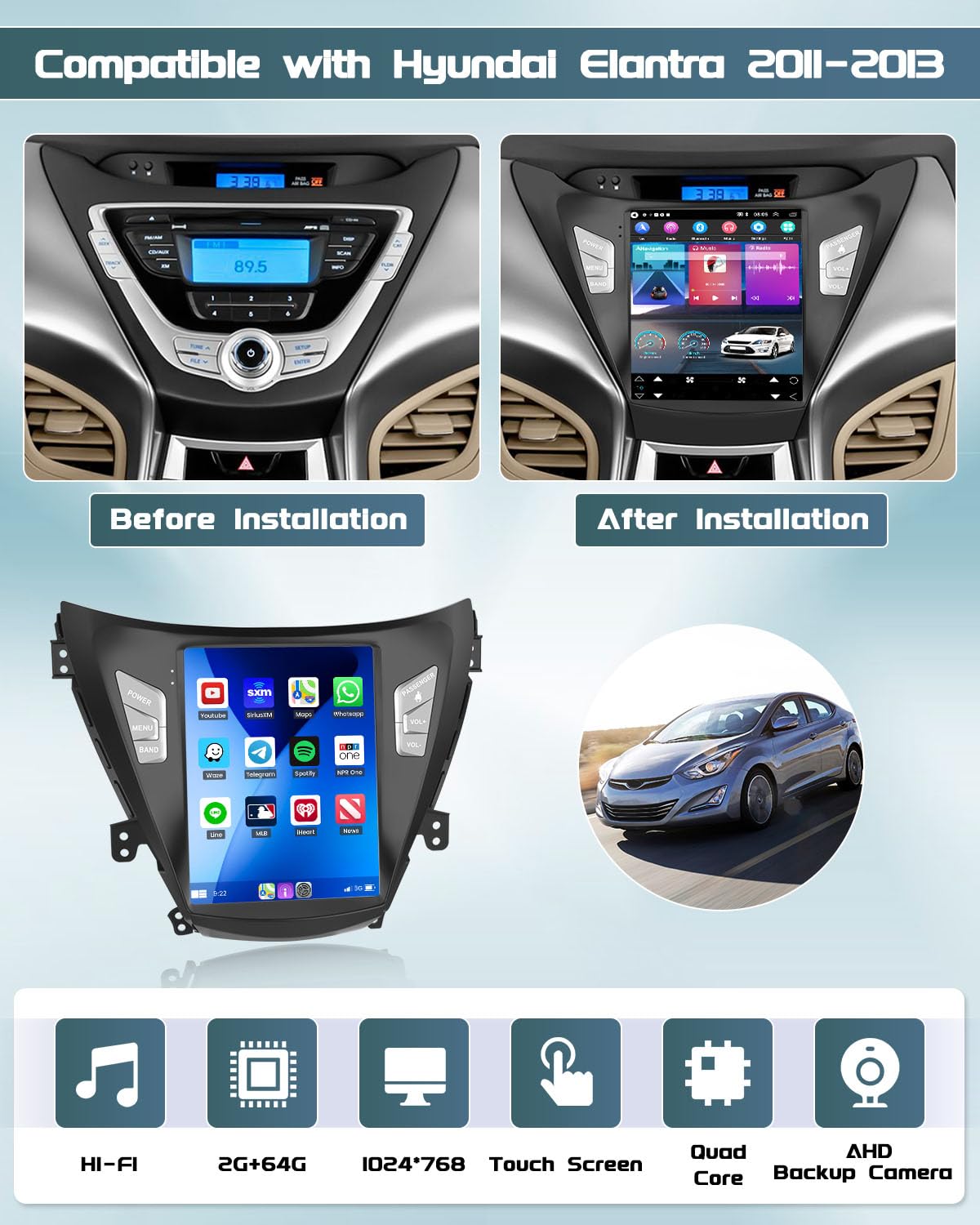 **Roinvou 9.7 Inch Android 13 Car Stereo for Hyundai Elantra 2011-2013 | 2GB RAM + 64GB ROM | Wireless CarPlay & Android Auto | IPS Touch Screen, Bluetooth, GPS, WiFi, SWC | HiFi Sound + AHD Backup Camera | Perfect for Commuting & Road Trips**