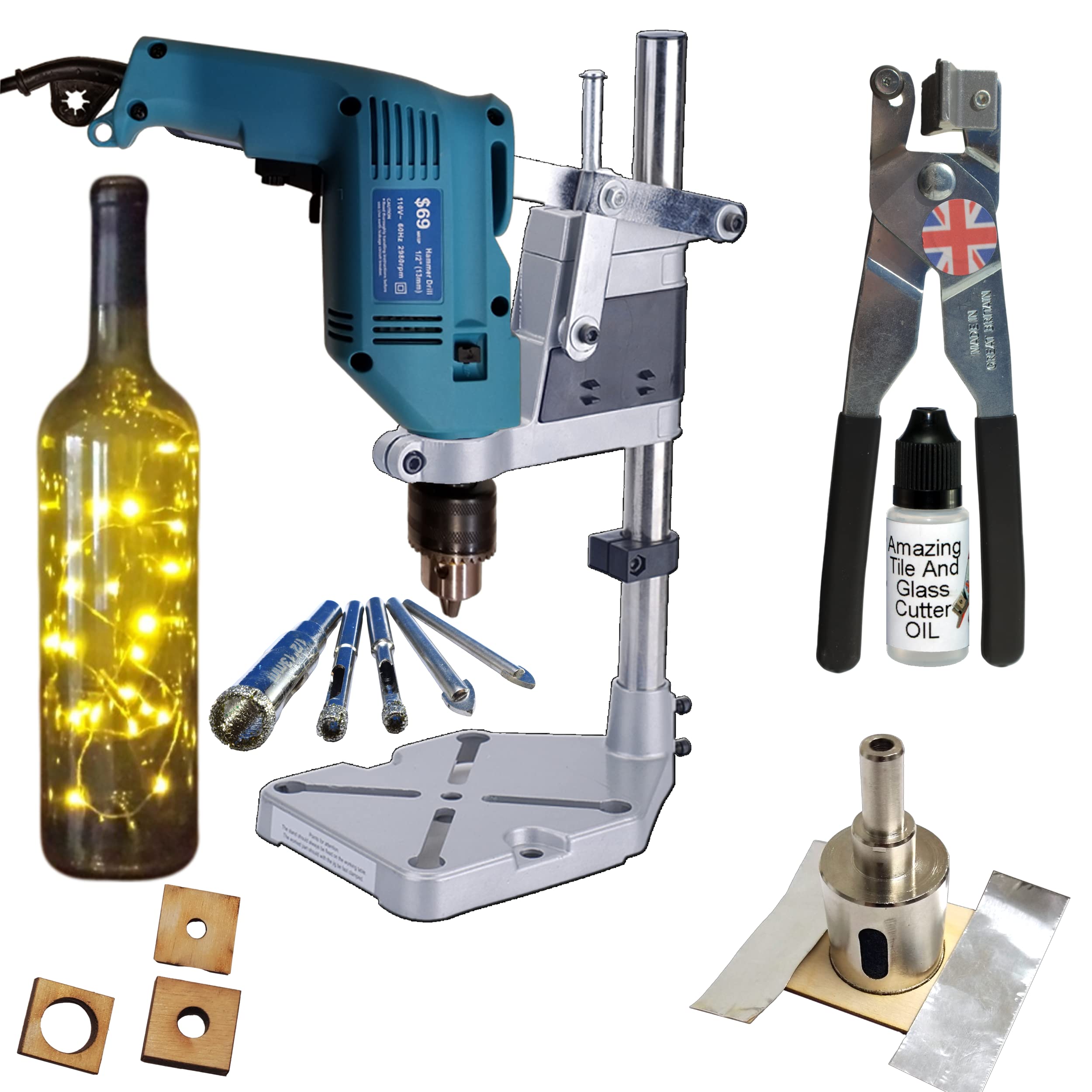 Premium Diamond Glass Drill Bit Kit with 3 Drill Bits & Stand - DIY Glass Lamp, Wine Bottle Bird Feeder, Craft Projects - Includes Cutter Oil for Smooth Glass Cutting