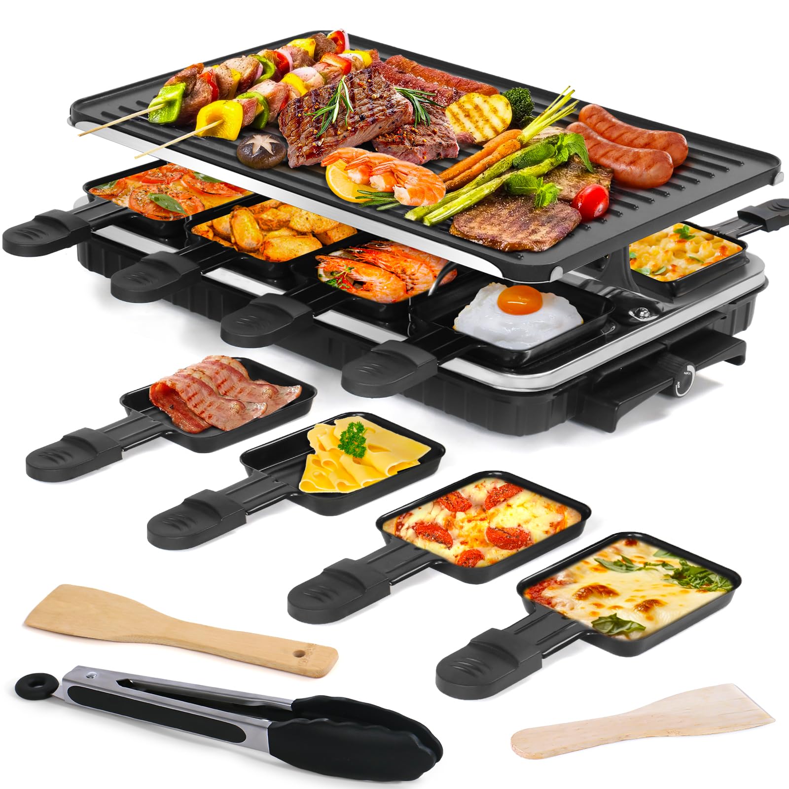 Electric Raclette Grill & Korean BBQ Griddle - 2-in-1 Nonstick Indoor Grill with 8 Cheese Pans, Adjustable Temperature (1300W) - Perfect for Family Gatherings, Parties & Home Cooking