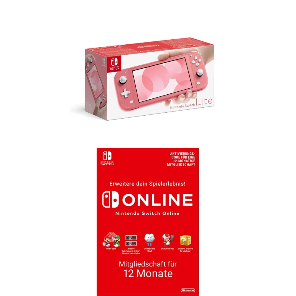 Nintendo Switch Lite Coral Console with 12-Month Nintendo Switch Online Membership (Download Code) - Portable Gaming for Travel, Commute & Home Entertainment