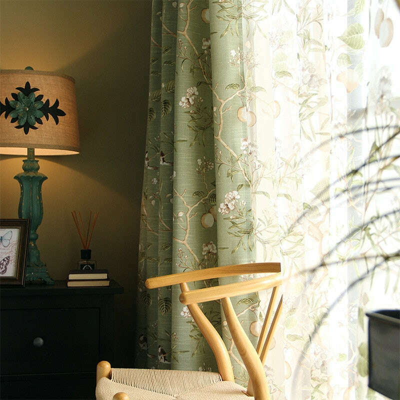 Astor American Country Garden Birds Print Semi-Sheer Curtains - Green | Light Filtering Window Treatments for Living Room & Bedroom