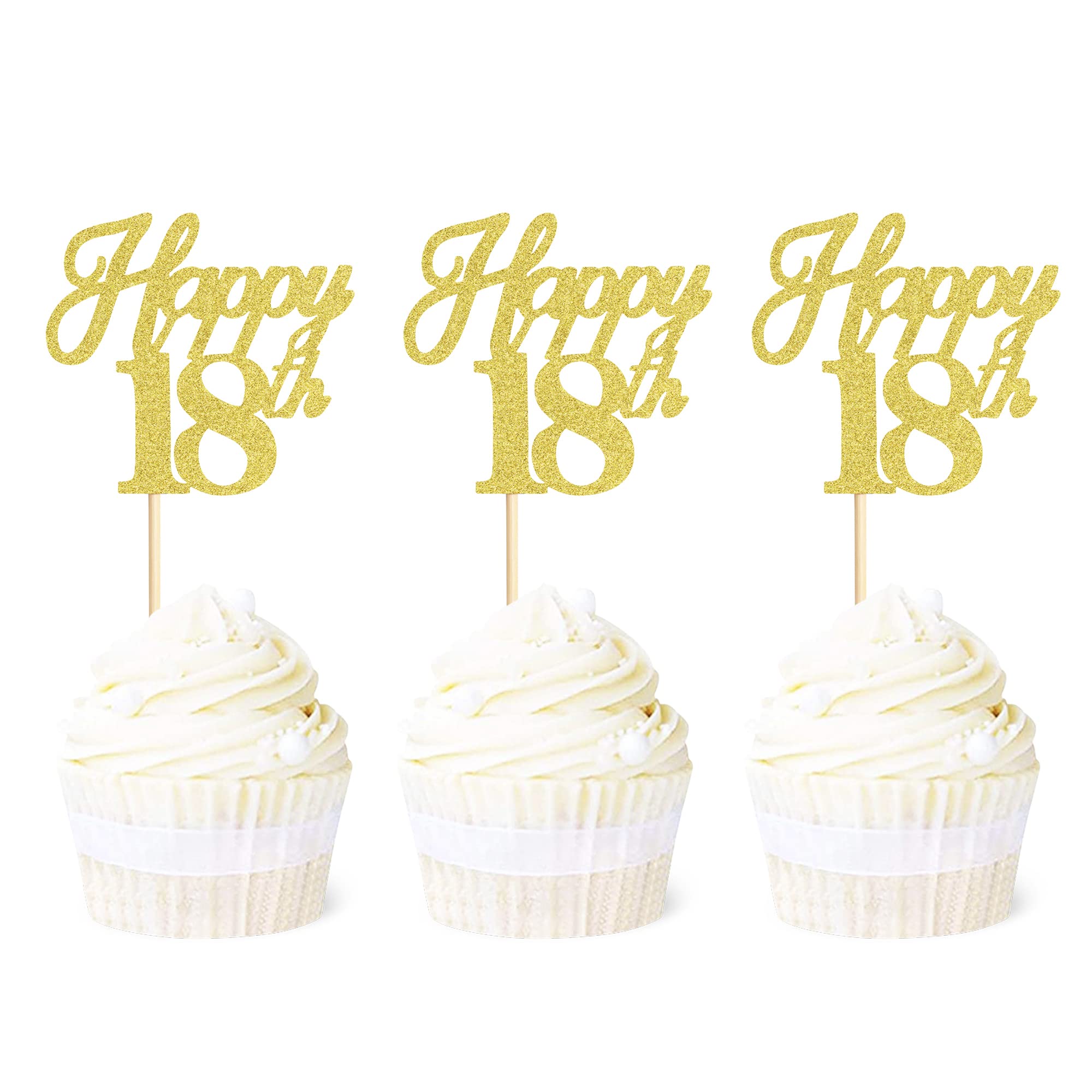 Ercadio 24 Pack Gold Glitter 18th Birthday Cupcake Toppers - Cheers to 18 Cupcake Picks & Decorations for Wedding, Anniversary & Party Cake Decor Supplies - Perfect for Sweet 16, Graduation & Milestone Celebrations