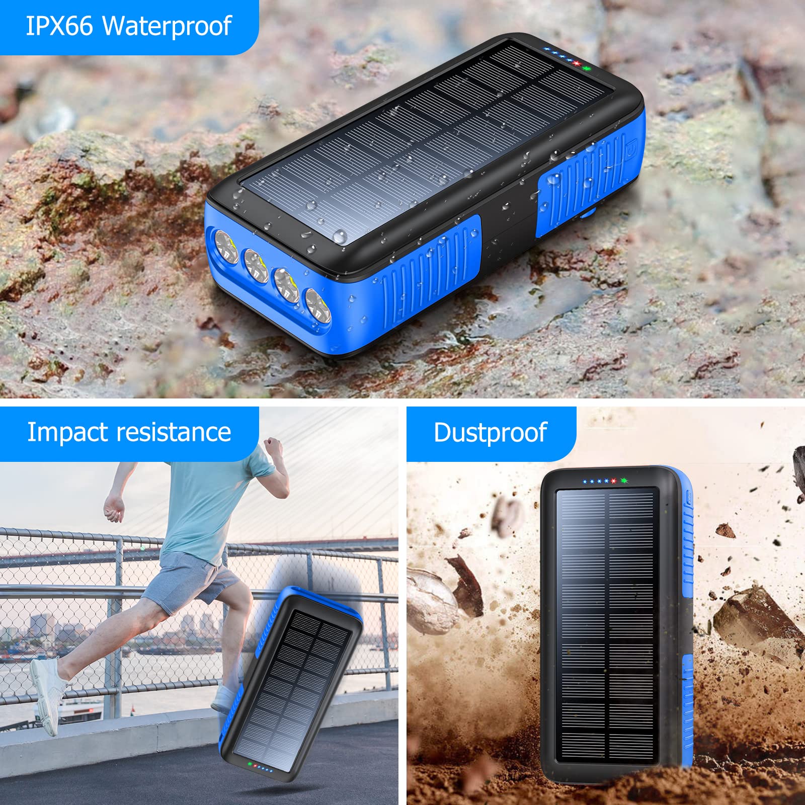 63200mAh Solar Power Bank with Dual USB Outputs & Inputs | Portable Solar Charger with 4 LED Flashlight & Hand Crank | Fast Charging Battery Pack for Camping, Hiking, Emergency Power Backup & Outdoor Survival Gear