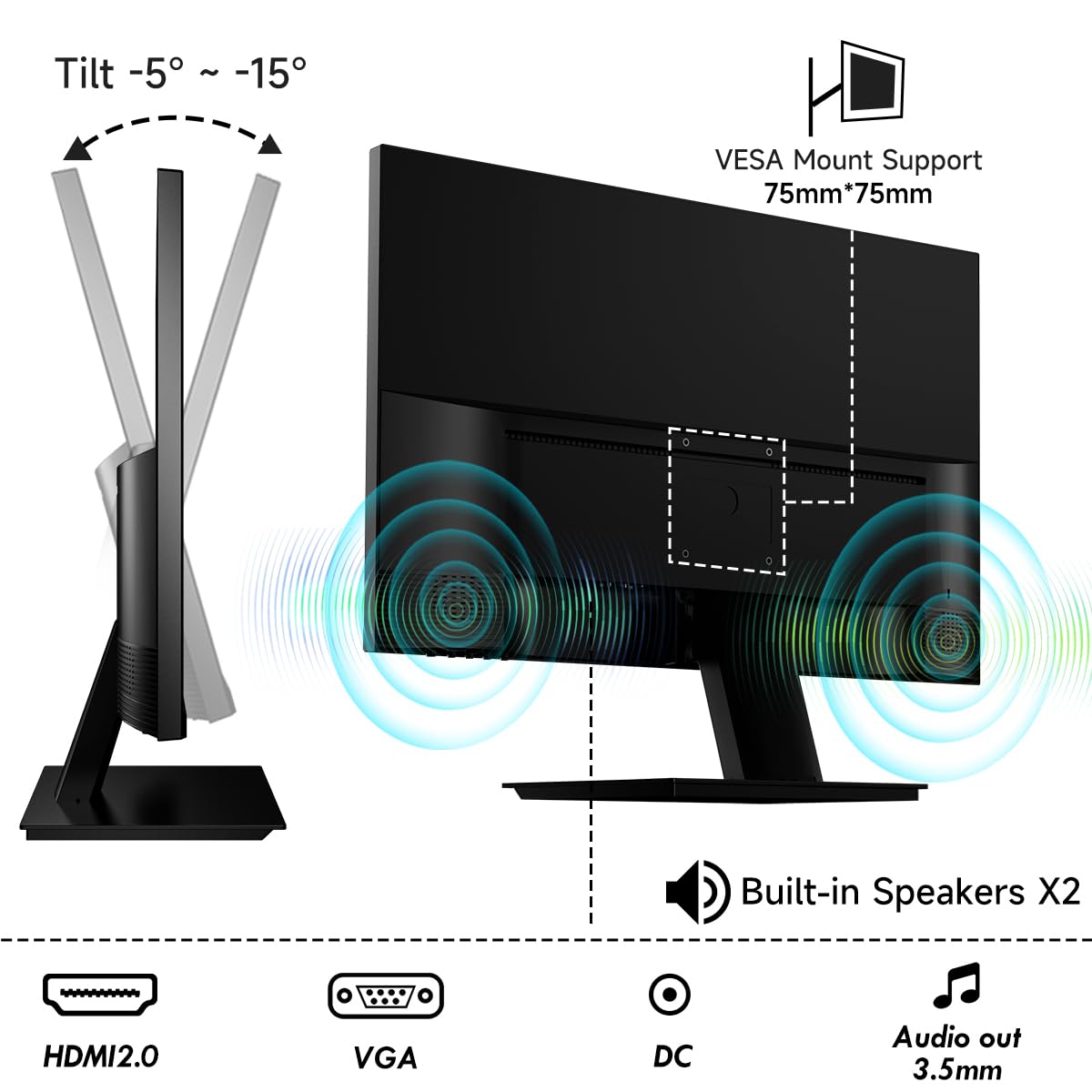 24 Inch FHD 1080P Ultra Wide 100Hz Frameless Computer Monitor - 99% sRGB, Low Blue Light Eye Care, HDMI/VGA Ports with Built-in Speakers - VESA Mount & Tilt Adjustable - Perfect for Office Work, Gaming & Home Entertainment (Black)