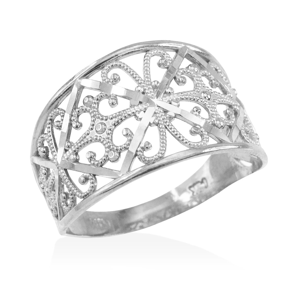 10k White Gold Four Leaf Clover Cocktail Ring - Elegant Milgrain Edge & Filigree Design for Women, Perfect for Parties, Weddings & Special Occasions