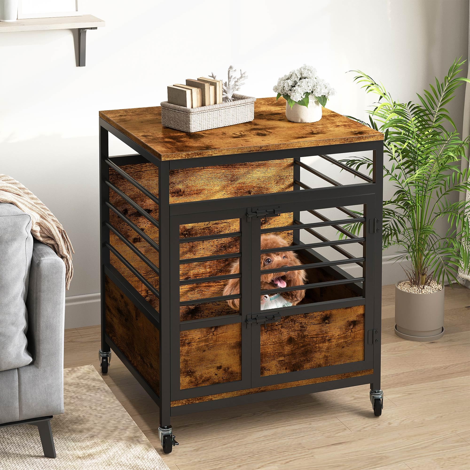 DWVO 24 Inch Rustic Brown Dog Crate Furniture - Modern Wooden Indoor Kennel with Wheels, Chew-Resistant End Table for Small to Medium Dogs | Perfect for Living Room, Bedroom & Home Decor