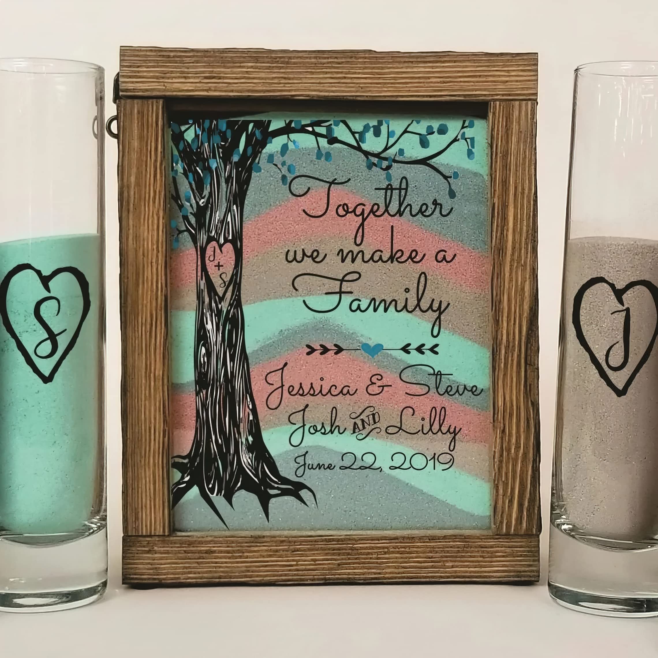 Personalized Glass Sand Ceremony Set for Blended Family - Custom Ink Printed Rustic Shadow Box Unity Sand Kit - Wedding Unity Ceremony Alternative & Beach Outdoor Wedding Decor - Perfect for Vow Renewals, Family Blending Ceremonies, and Coastal-Themed Weddings