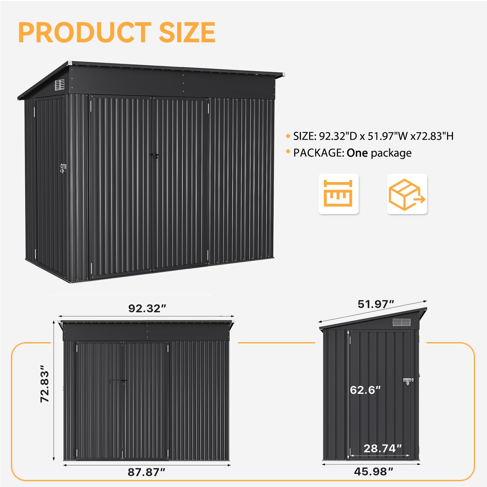Aoxun 4' x 8' Outdoor Metal Storage Shed with Triple Lockable Doors & Sloping Roof - Heavy Duty Garden Shed for Tools, Bicycles, Lawn Equipment - Perfect for Backyard, Patio, Courtyard, and Garage Storage Solutions