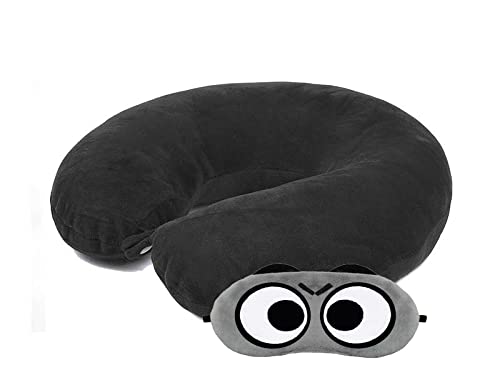 Juzzii Velvet Neck Pillow & Eye Mask Set - Ultra Soft Travel Pillow for Airplane, Car & Home Use - Black Sleep Support for Long Flights, Road Trips & Nap Time - Comfortable Airline Neck Pillow with Adjustable Eye Mask