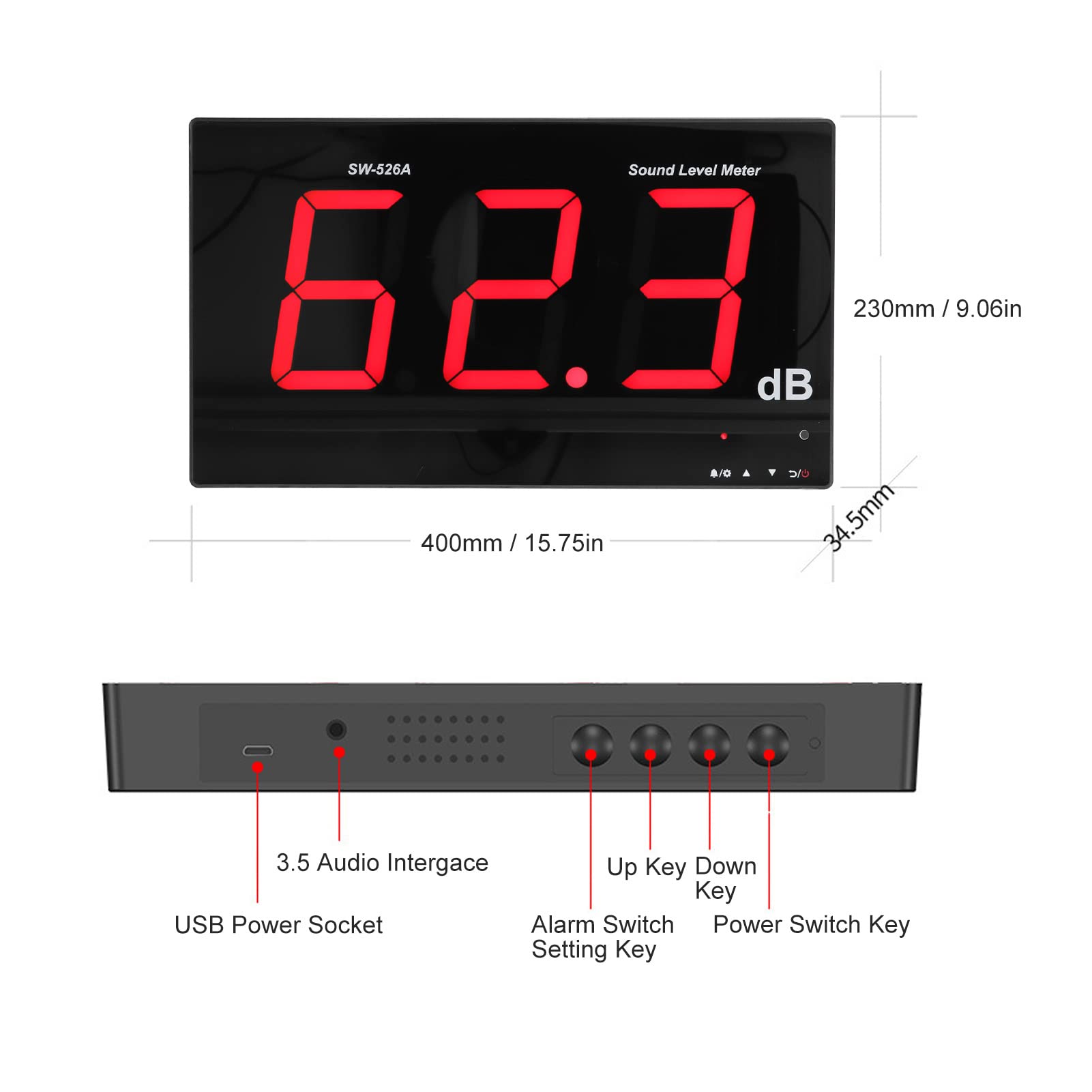 Hilitand Digital Decibel Meter - Sound Level Reader with 18in LCD Display, Wall Mountable Noise Meter for Classroom, Office, Home & Industrial Use - Accurate dB Measurement Tool