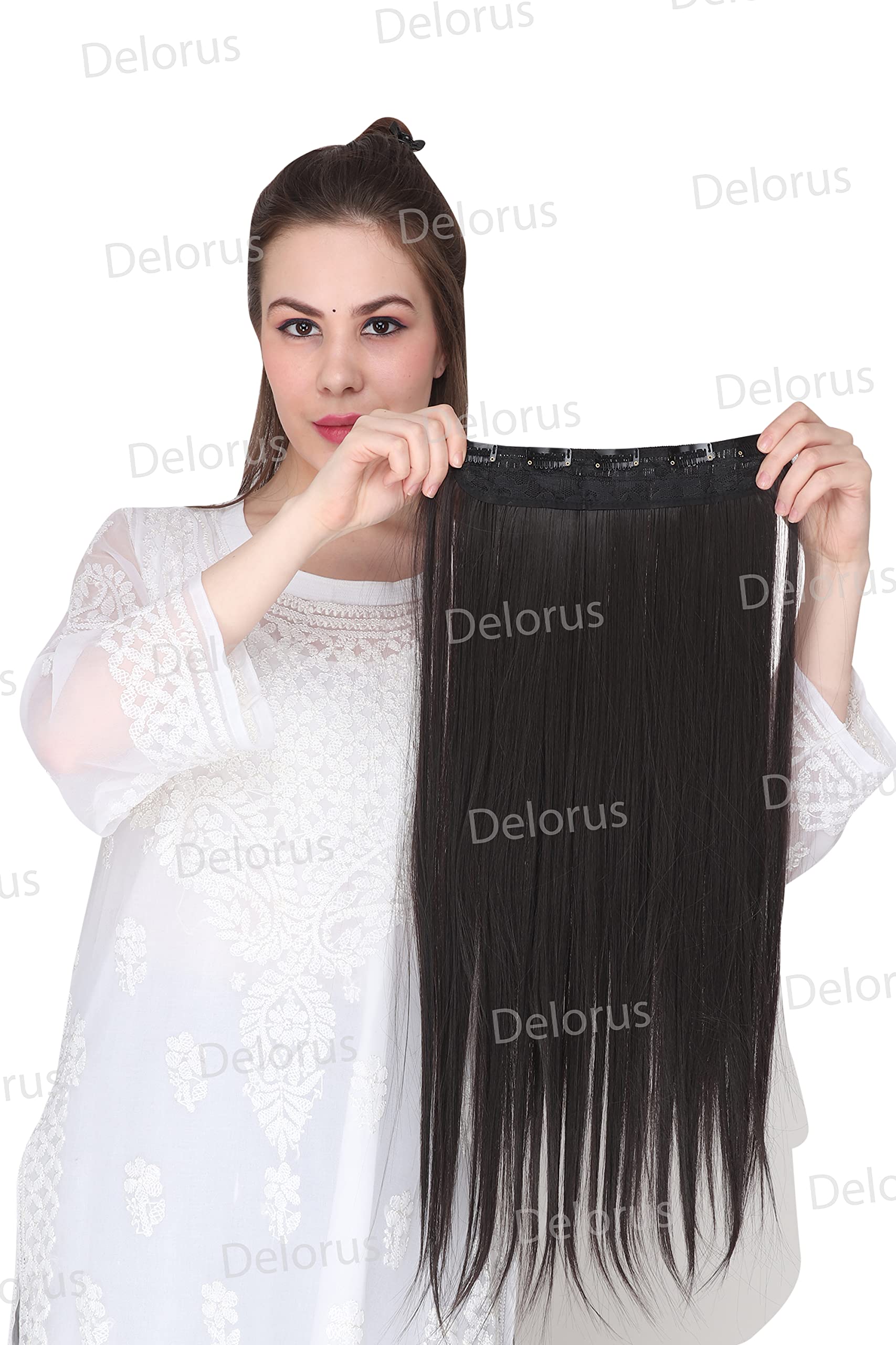 DELORUS 24 Inch Brown Clip In Hair Extensions - 5 Piece Set Thick Straight Human Hair for Women & Girls | Perfect for Volume, Length & Styling for Parties, Weddings & Daily Wear