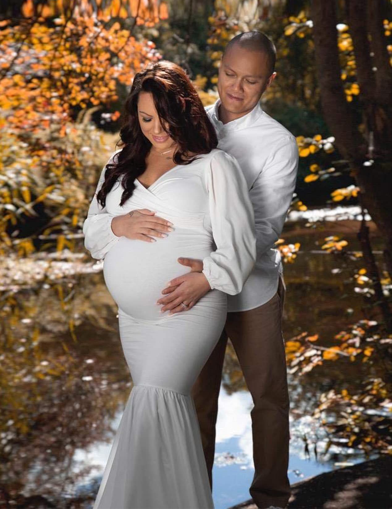 Saslax Elegant Long Sleeve Chiffon Mermaid Maternity Dress for Photoshoot, Baby Shower, Pregnancy Photos, and Special Occasions