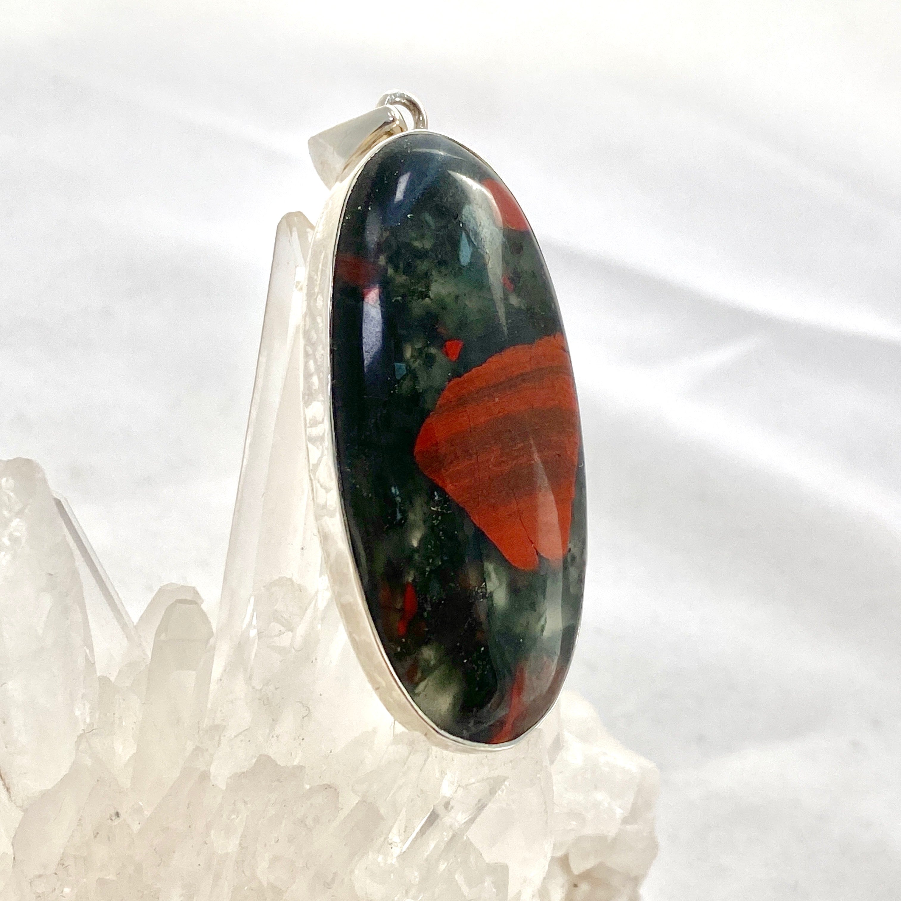 Natural Bloodstone Oval Cabochon Pendant in Handcrafted Hammered Sterling Silver Setting KPGJ4739 - Perfect for Healing Jewelry & Spiritual Gift Giving