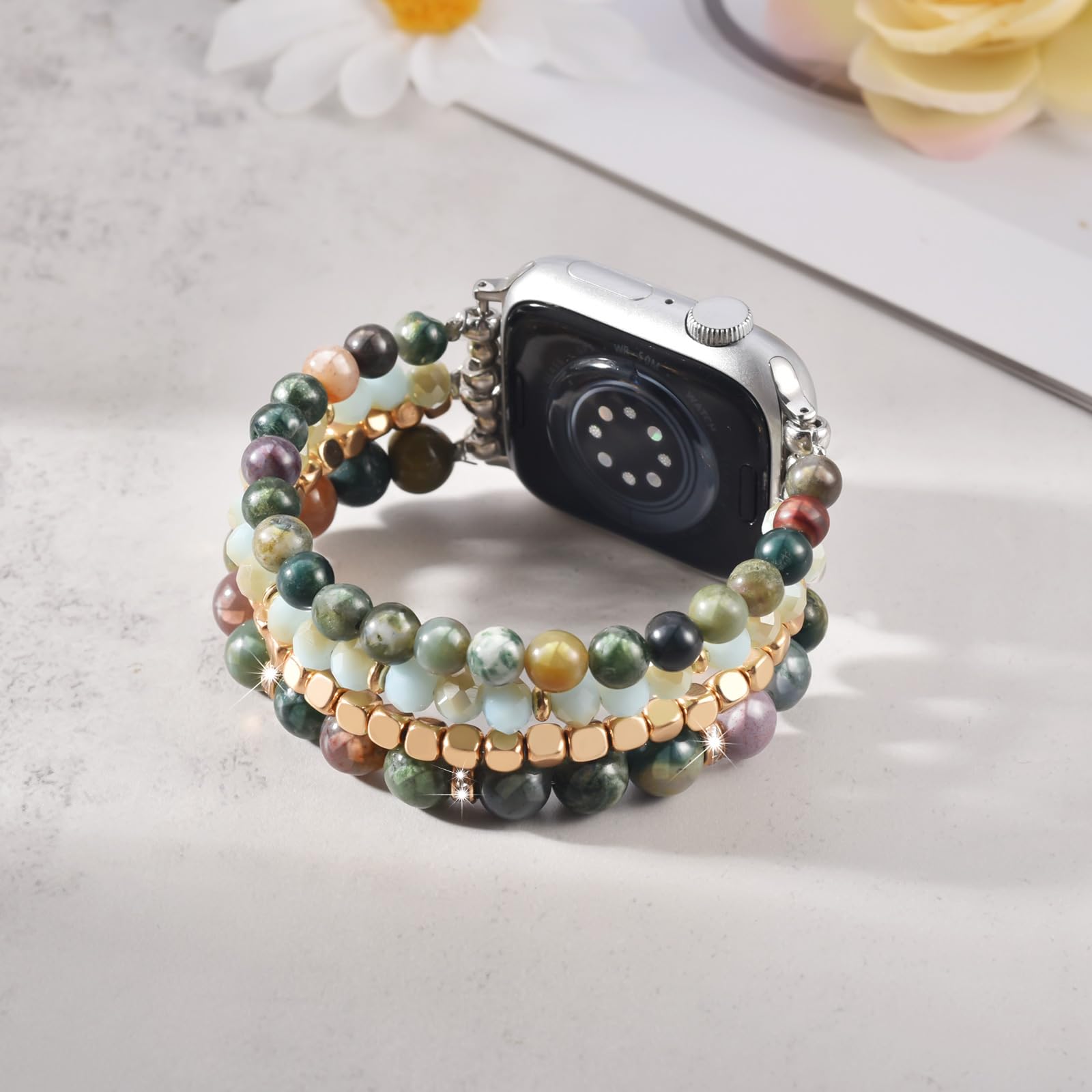 Natural Stone Bracelet for Apple Watch 38mm 40mm 41mm 42mm 44mm 45mm - Handmade Beaded Stretch Strap Compatible with iWatch Series 9/8/7/6/5/4/3/2/1/SE - Elegant Women's Accessory for Work, Parties & Everyday Wear